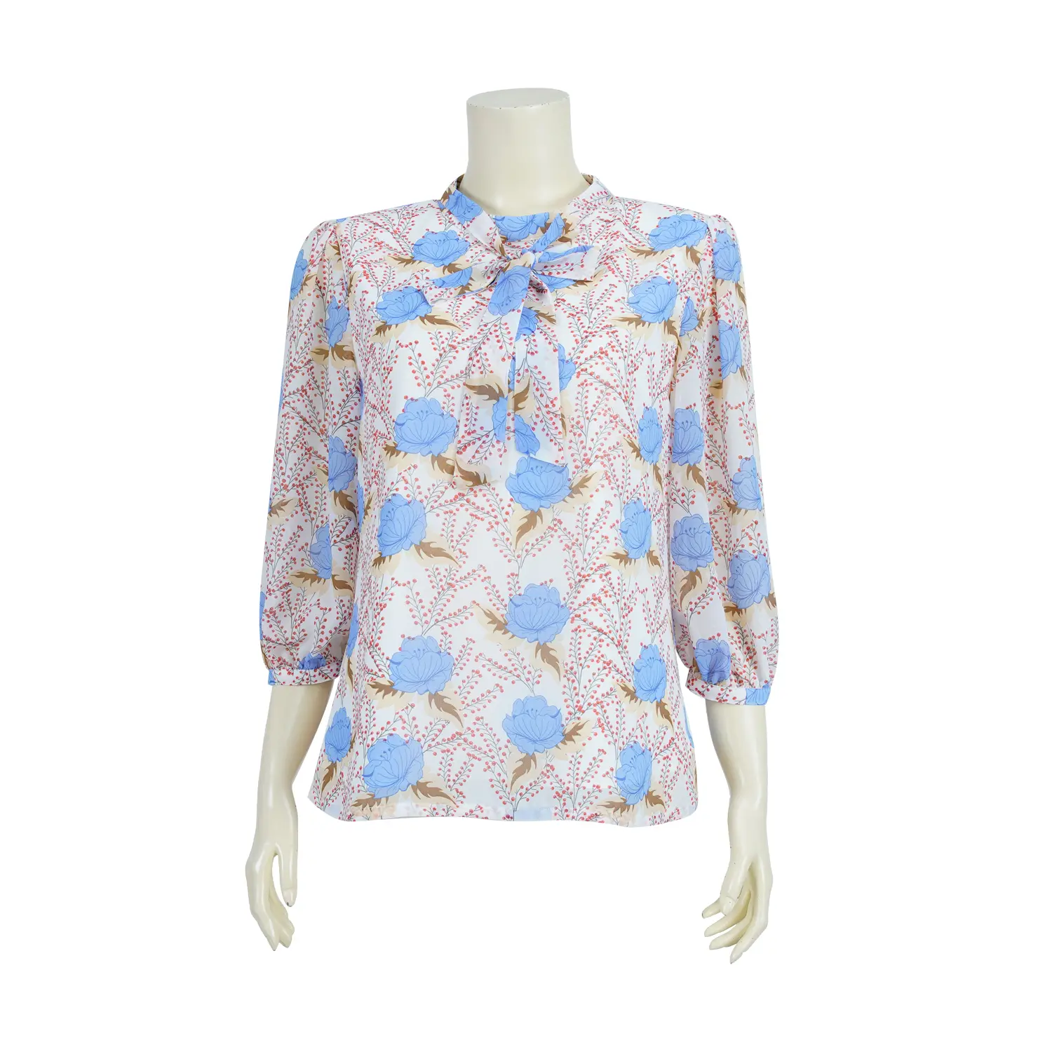 เสื้อคอกลม แต่งผ้าผูกโบว์ แขนกระบอก รูดเข้าขอบแขน ผ้าชีฟองลายดอกไม้