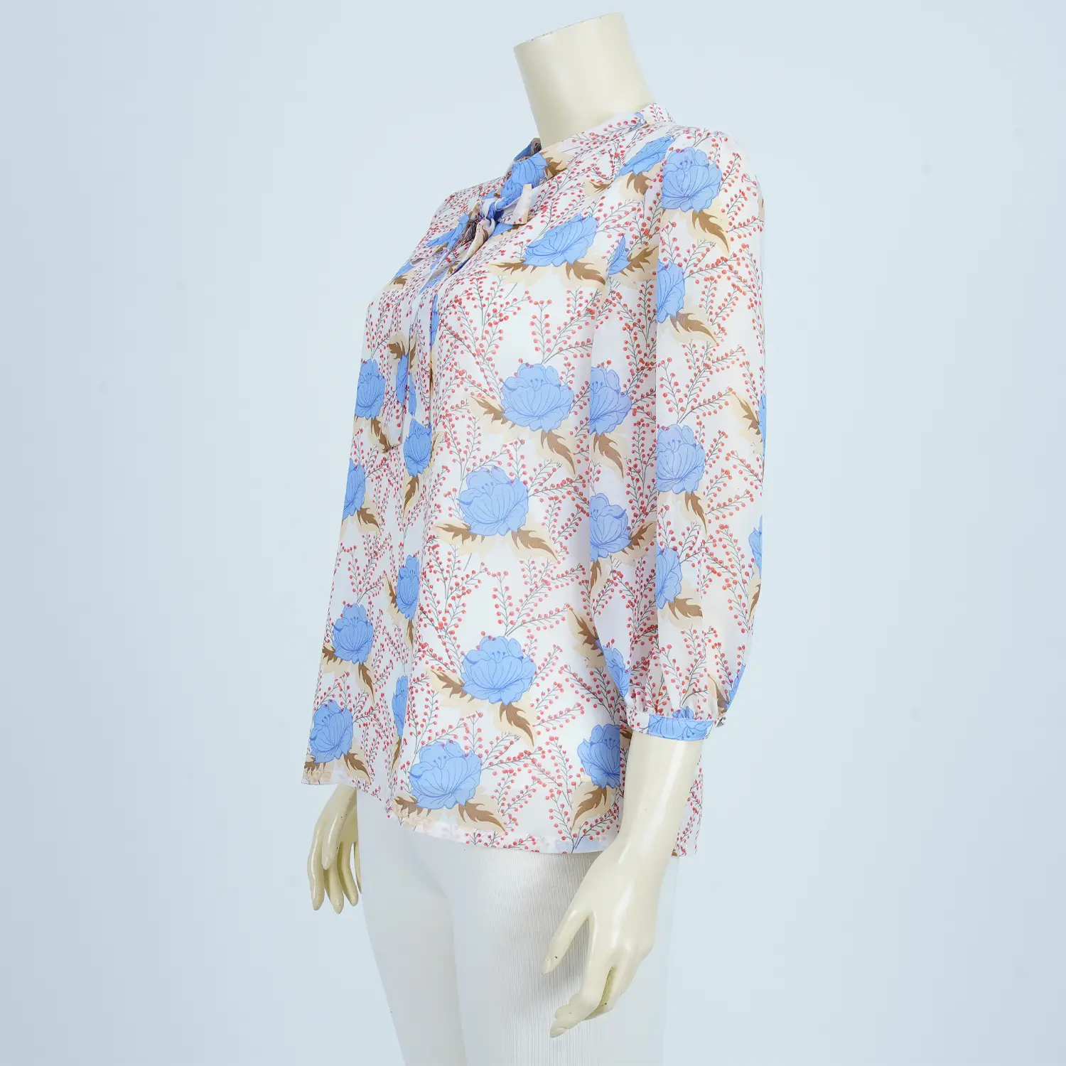 เสื้อคอกลม แต่งผ้าผูกโบว์ แขนกระบอก รูดเข้าขอบแขน ผ้าชีฟองลายดอกไม้ - Image 3