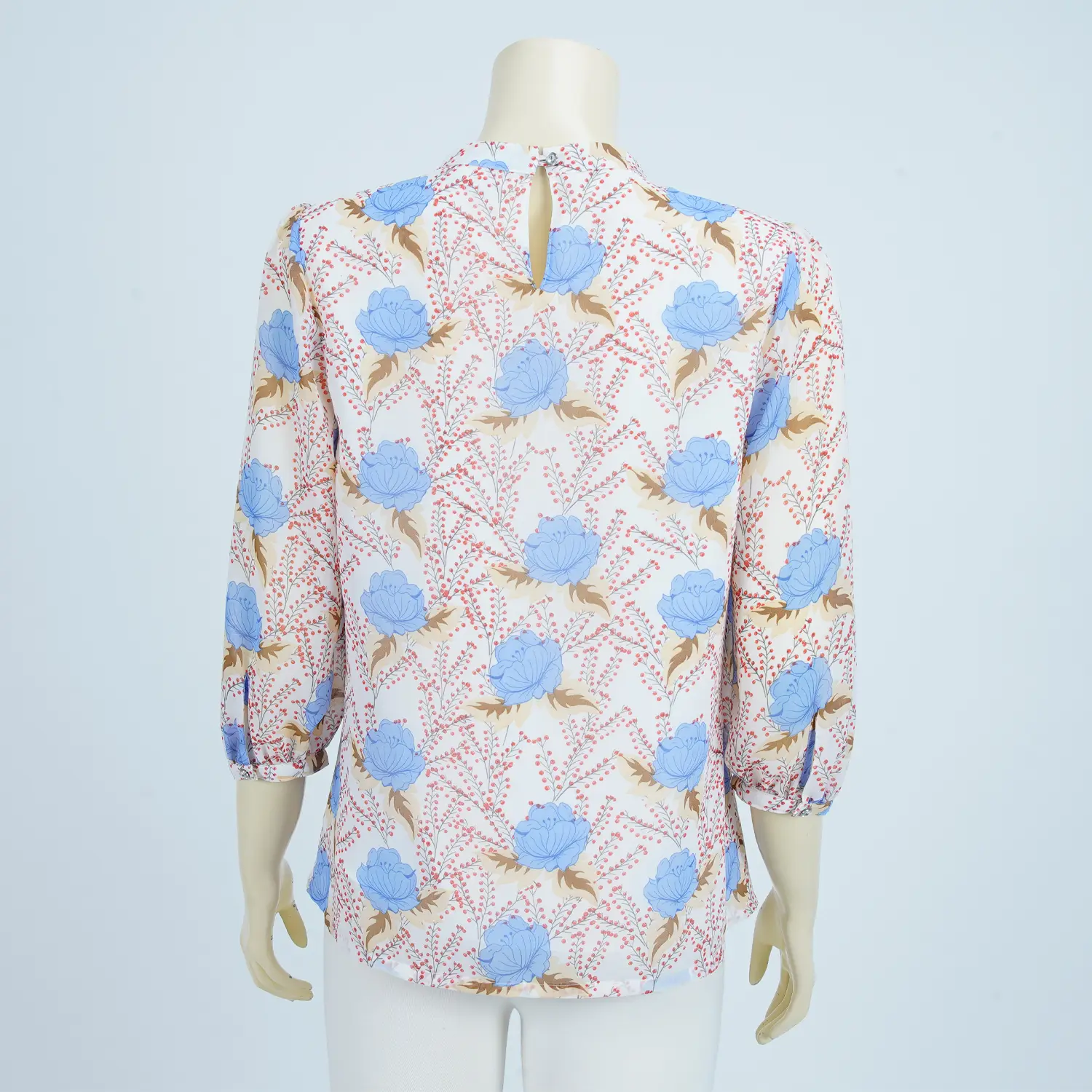 เสื้อคอกลม แต่งผ้าผูกโบว์ แขนกระบอก รูดเข้าขอบแขน ผ้าชีฟองลายดอกไม้ - Image 2