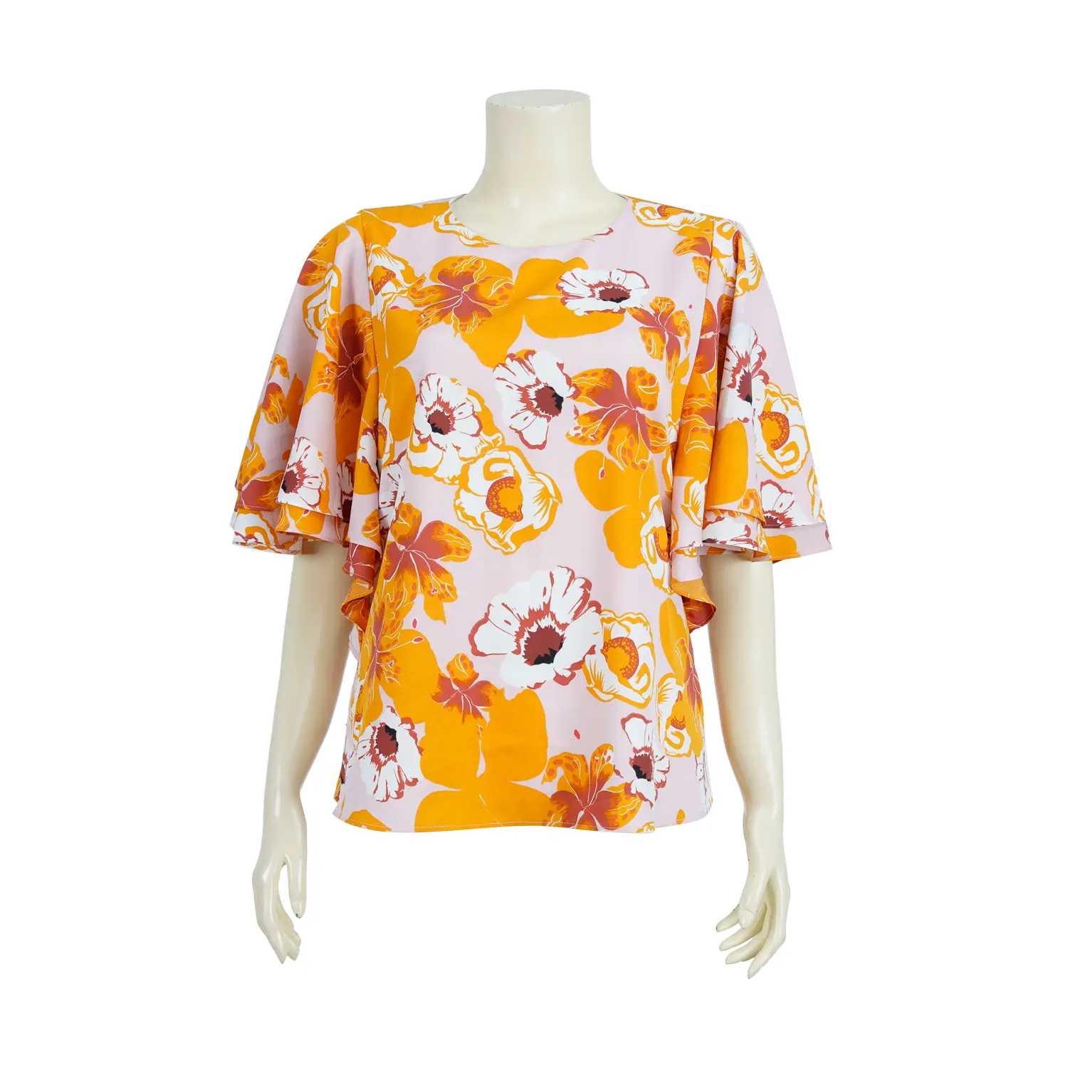 เสื้อคอกลม แขนระบาย 2 ชั้น ผ้าชีฟองลายดอกไม้