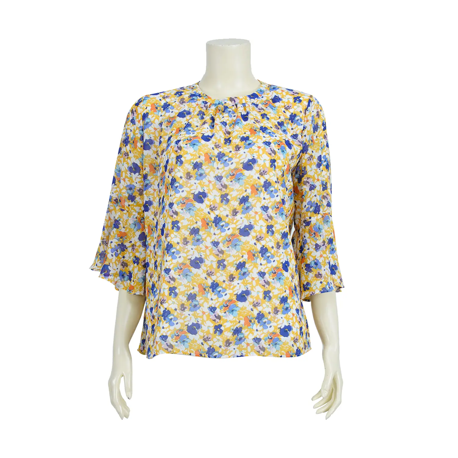 เสื้อคอกลม แขนกระบอก ปลายแขนระบาย ผ้าชีฟองลายดอกไม้