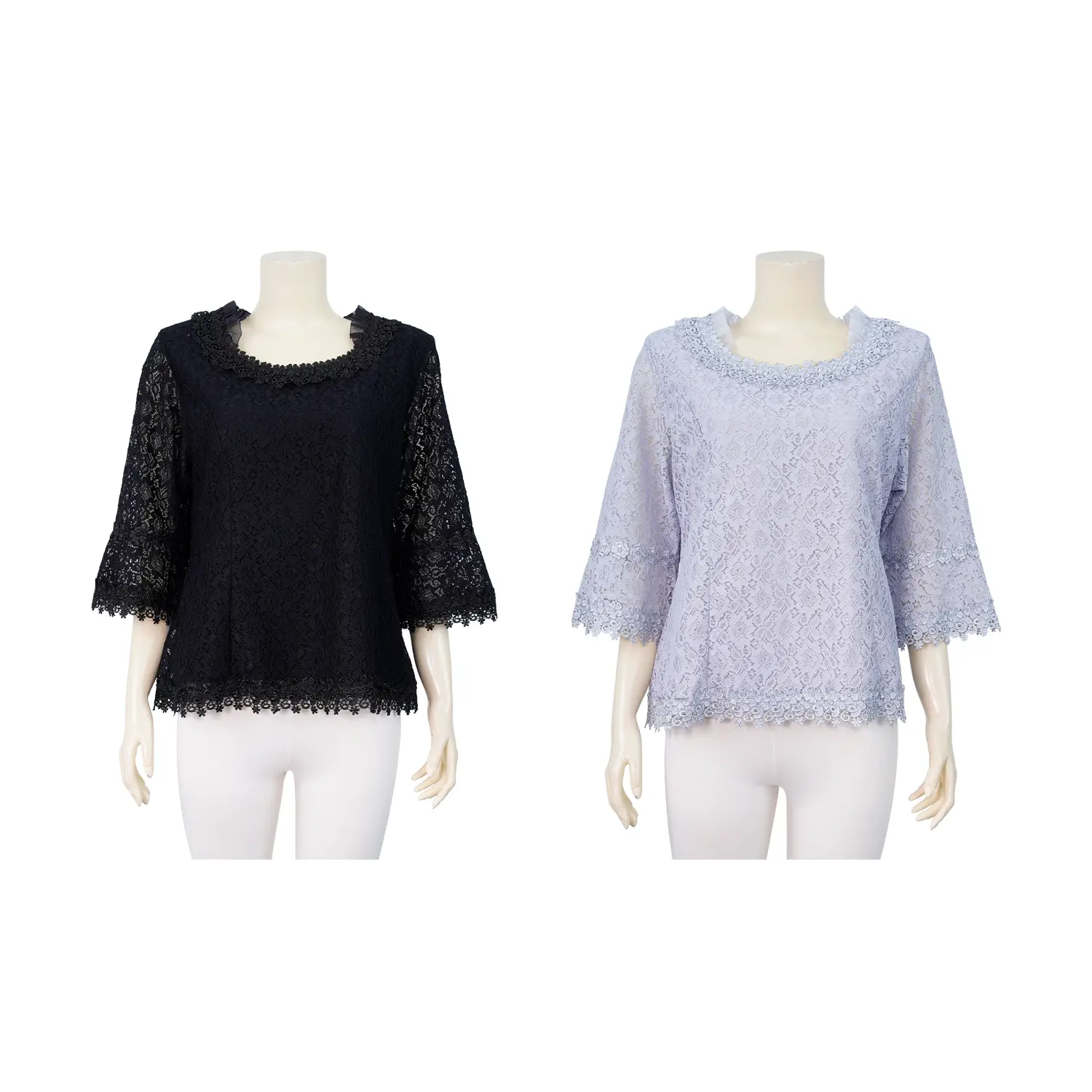 เสื้อคอกลม ปลายแขนบาน ผ้าลูกไม้ลายดอกไม้