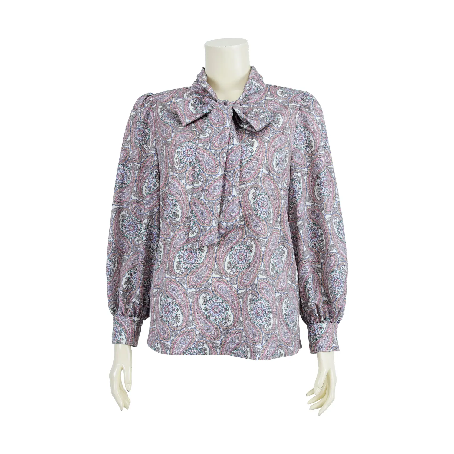 เสื้อคอวี ขอบคอตั้งทิ้งชายผูกโบว์ แขนพองยาว 5 ส่วน ผ้าพิมพ์ลายเพสลีย์