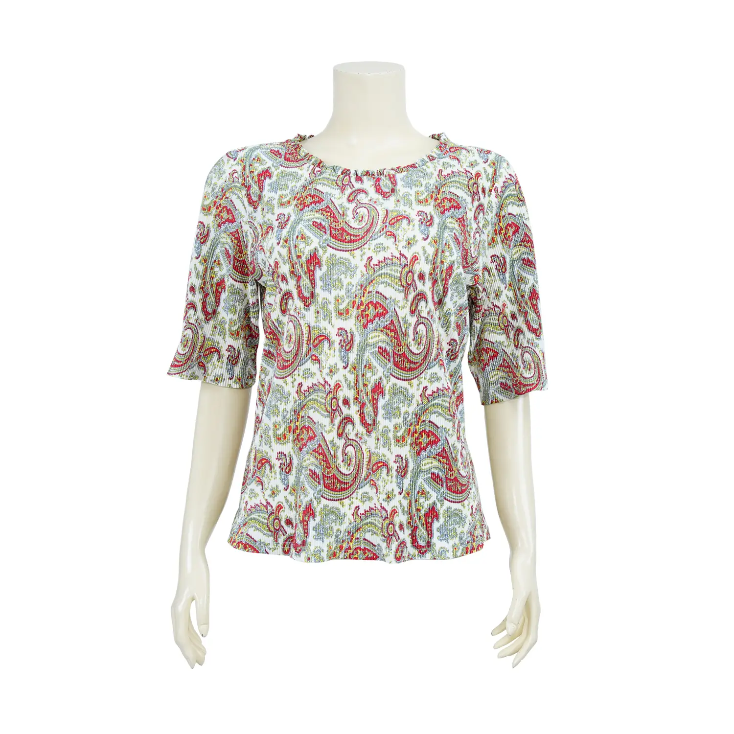เสื้อคอกลม แขน 3 ส่วน ผ้าแฟนซีพลีท ลายกราฟิกสไตล์วินเทจ