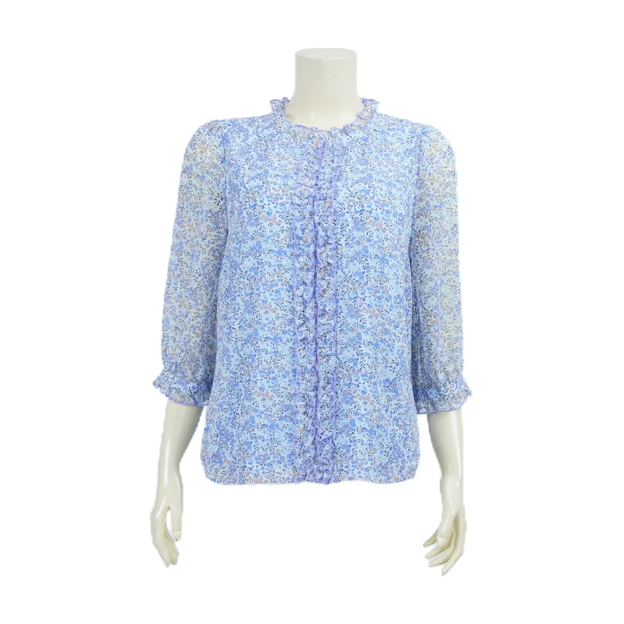 เสื้อคอตั้ง แต่งระบายรัฟเฟิล แขนตุ๊กตายาว 4 ส่วน ผ้าลายดอกไม้และใบไม้