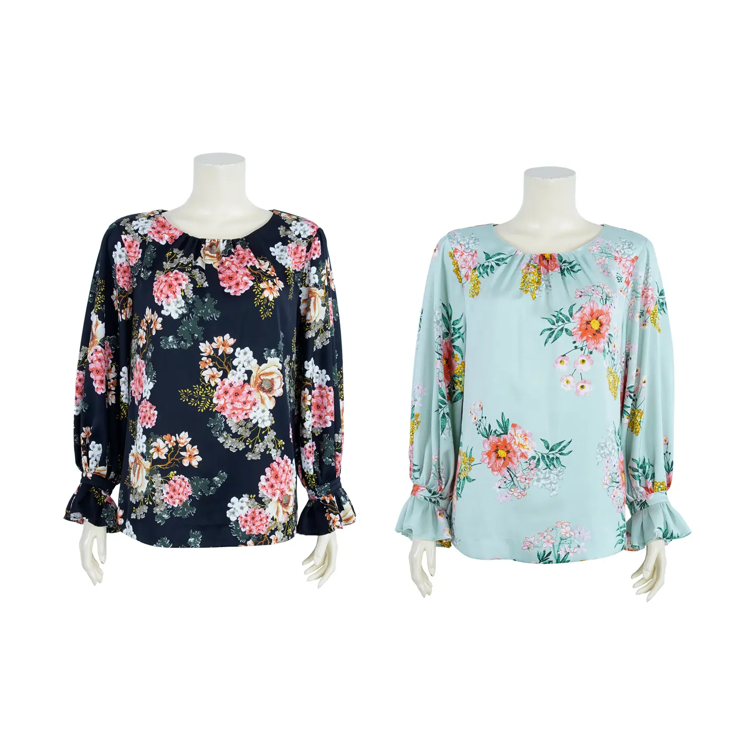 เสื้อคอกลม แขนพองยาว ผ้าพิมพ์ลายดอกไม้
