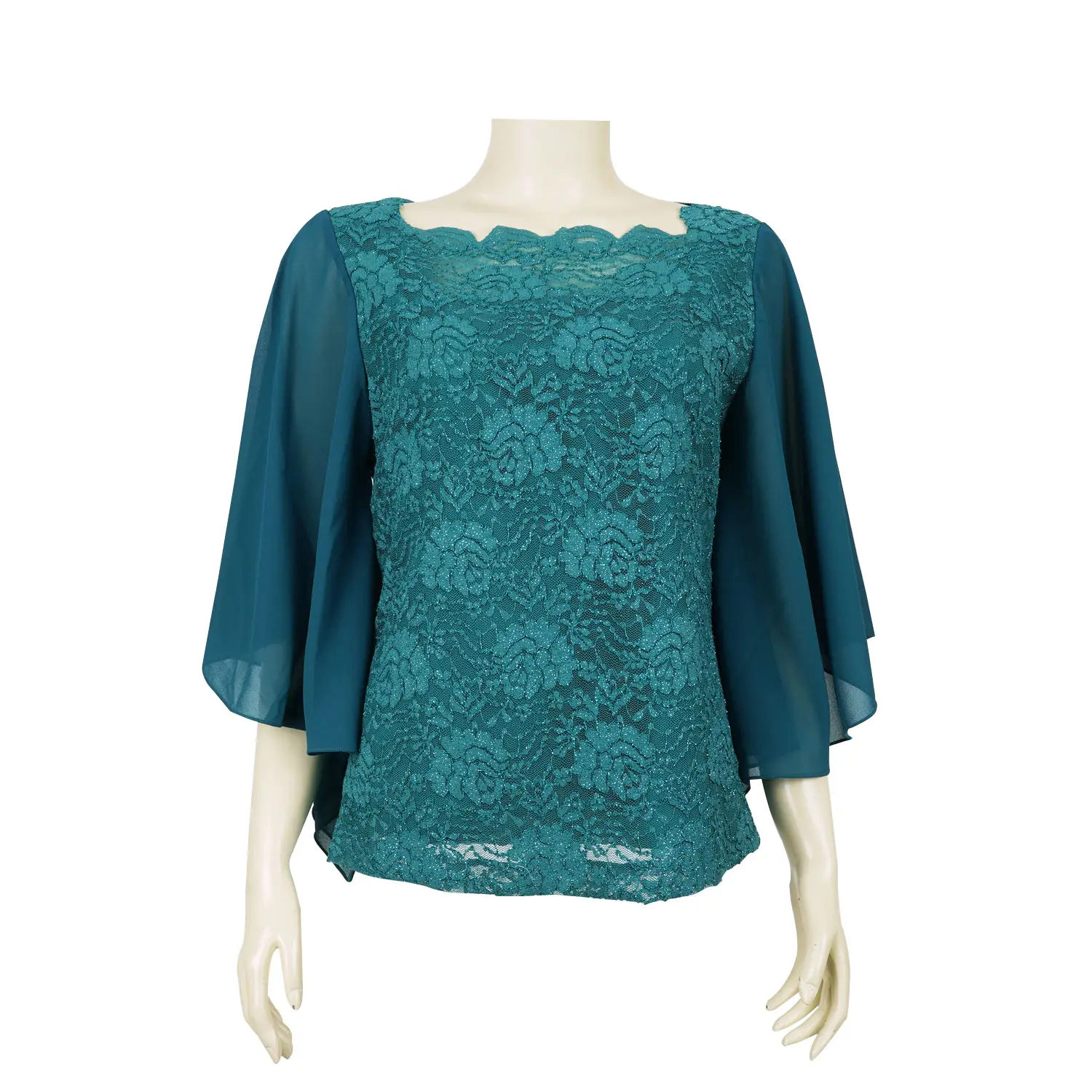 เสื้อสตรีคอเหลี่ยม แขนบาน ผ่าท้องแขนยาว 4 ส่วน ผ้าลูกไม้แฟนซีลายดอกไม้ พร้อมเข็มกลัดรูปดอกไม้ - Image 9