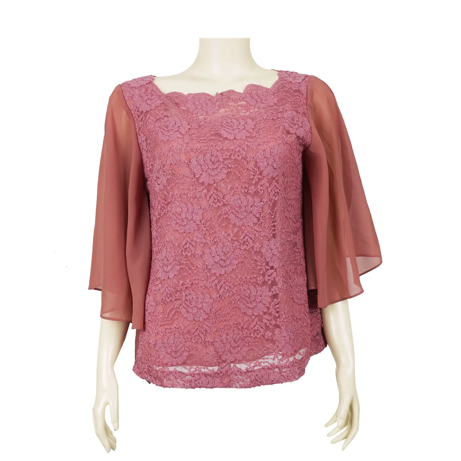 เสื้อสตรีคอเหลี่ยม แขนบาน ผ่าท้องแขนยาว 4 ส่วน ผ้าลูกไม้แฟนซีลายดอกไม้ พร้อมเข็มกลัดรูปดอกไม้ - Image 8