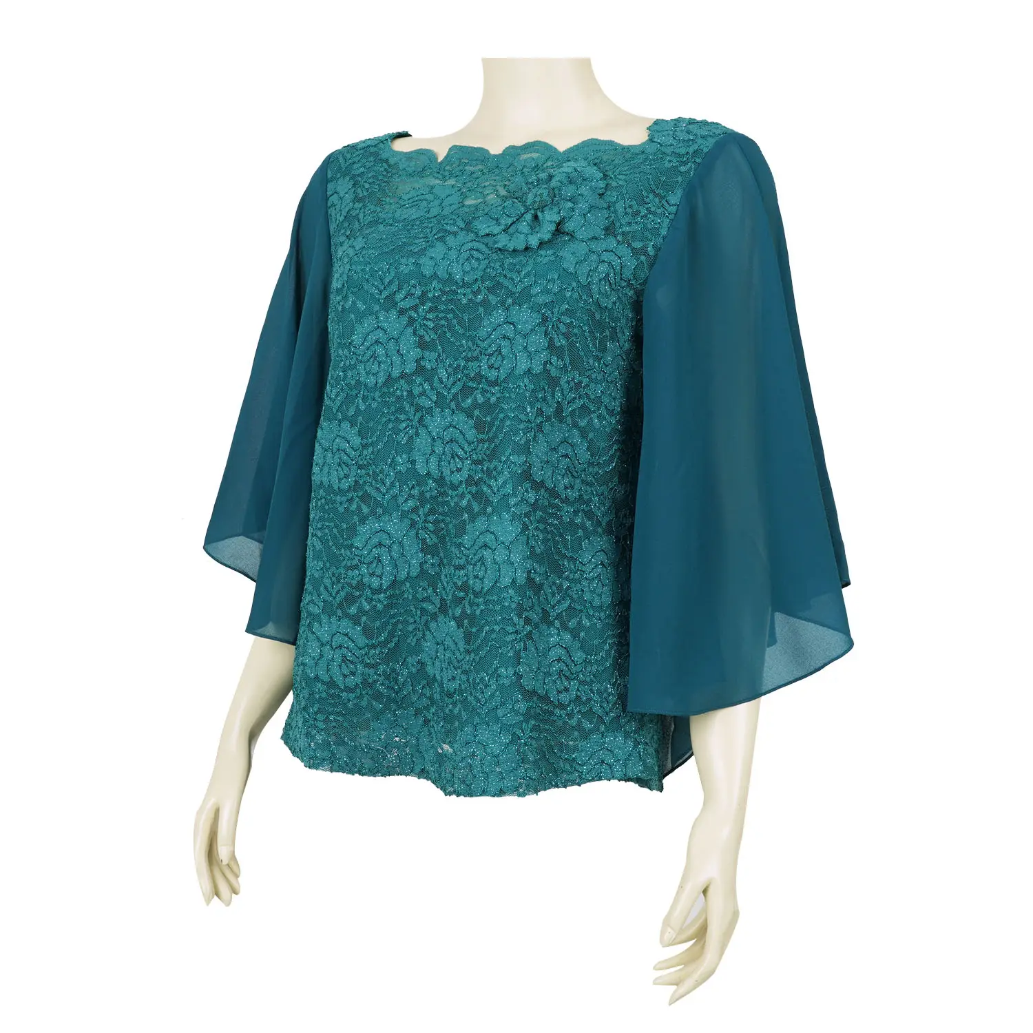 เสื้อสตรีคอเหลี่ยม แขนบาน ผ่าท้องแขนยาว 4 ส่วน ผ้าลูกไม้แฟนซีลายดอกไม้ พร้อมเข็มกลัดรูปดอกไม้ - Image 7