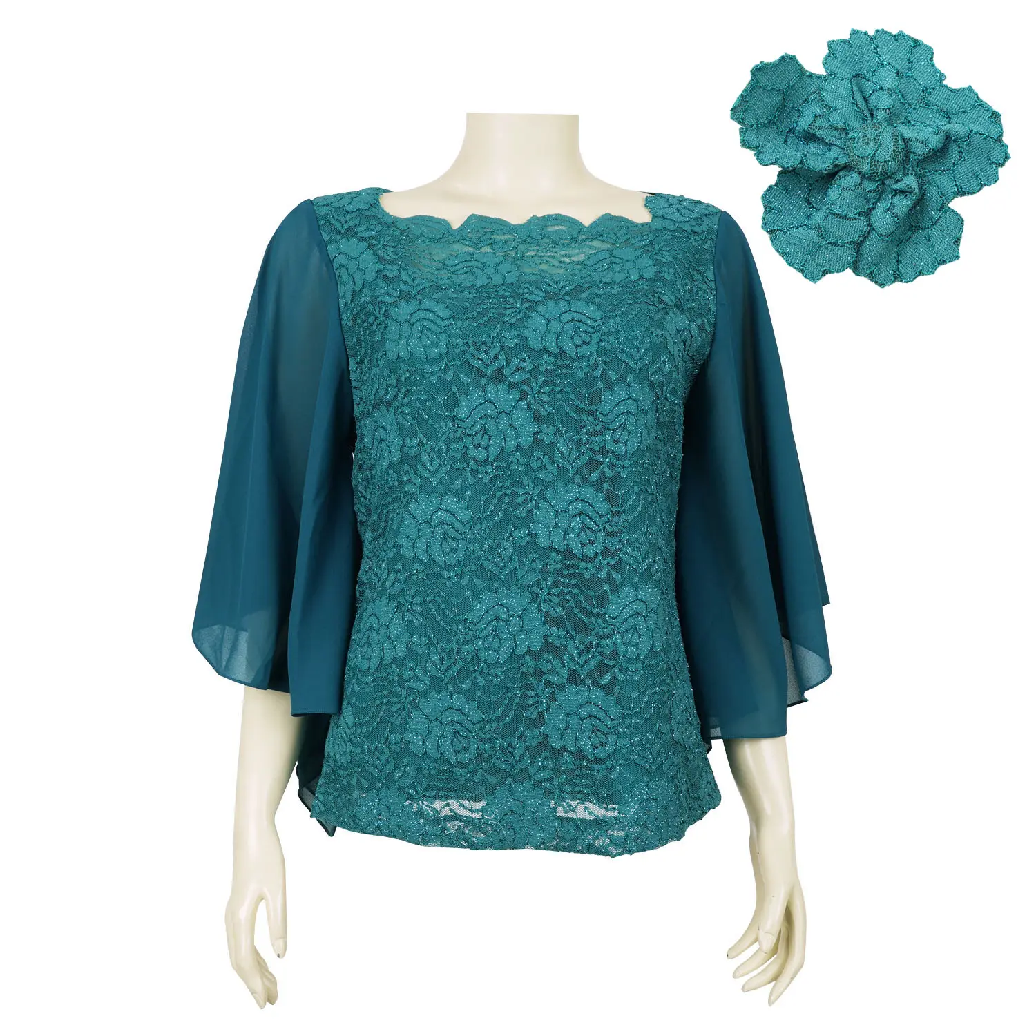 เสื้อสตรีคอเหลี่ยม แขนบาน ผ่าท้องแขนยาว 4 ส่วน ผ้าลูกไม้แฟนซีลายดอกไม้ พร้อมเข็มกลัดรูปดอกไม้ - Image 3