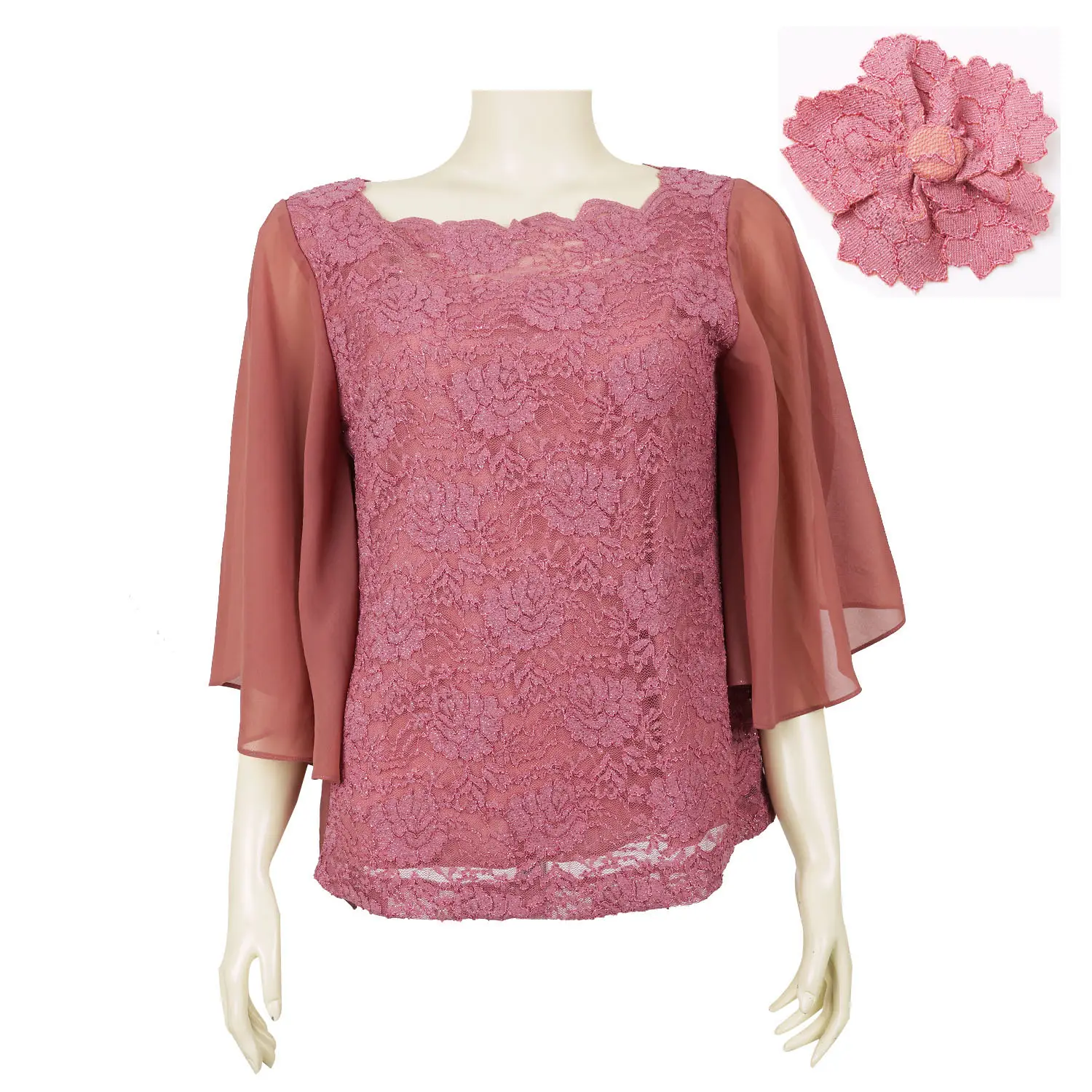 เสื้อสตรีคอเหลี่ยม แขนบาน ผ่าท้องแขนยาว 4 ส่วน ผ้าลูกไม้แฟนซีลายดอกไม้ พร้อมเข็มกลัดรูปดอกไม้ - Image 2