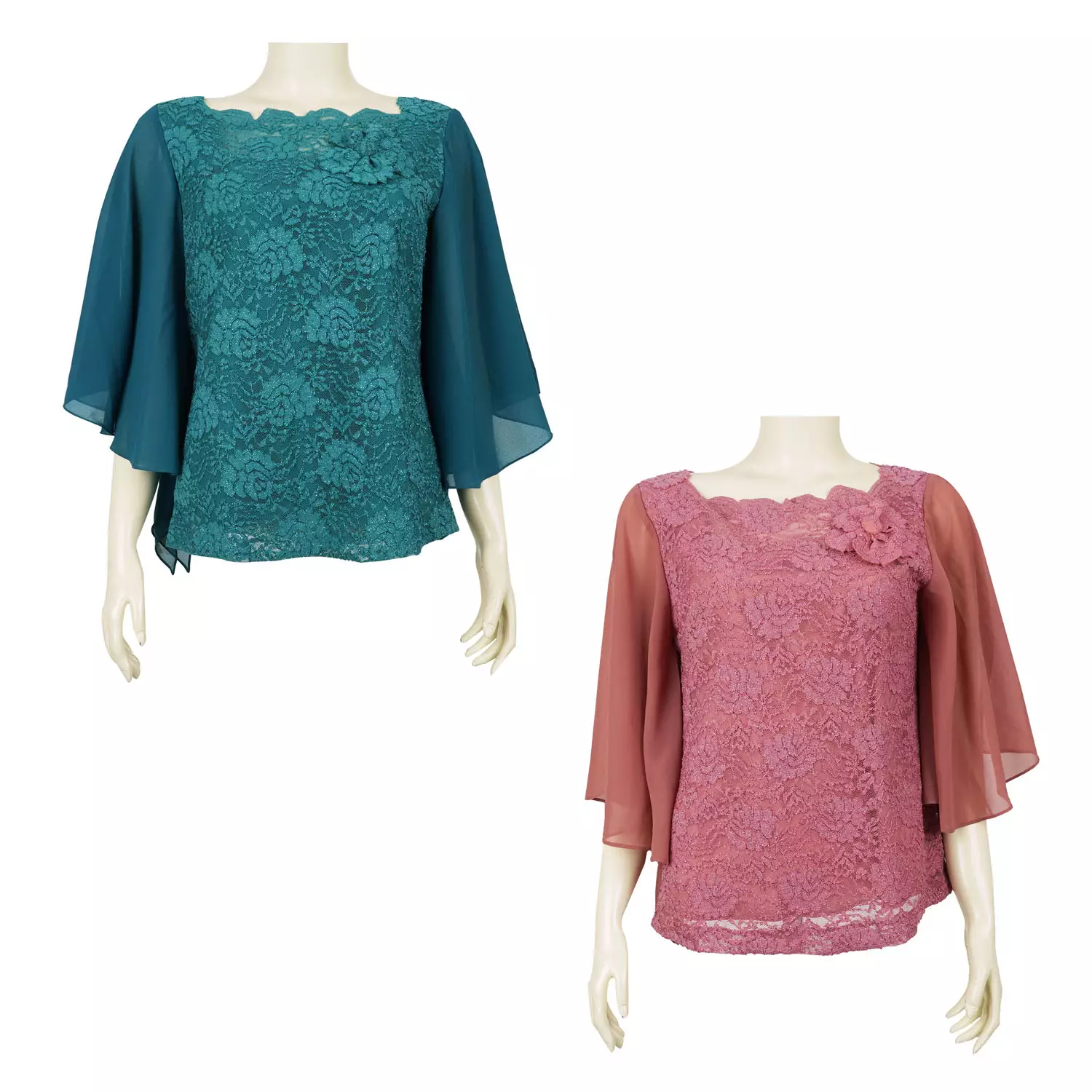 เสื้อสตรีคอเหลี่ยม แขนบาน ผ่าท้องแขนยาว 4 ส่วน ผ้าลูกไม้แฟนซีลายดอกไม้ พร้อมเข็มกลัดรูปดอกไม้