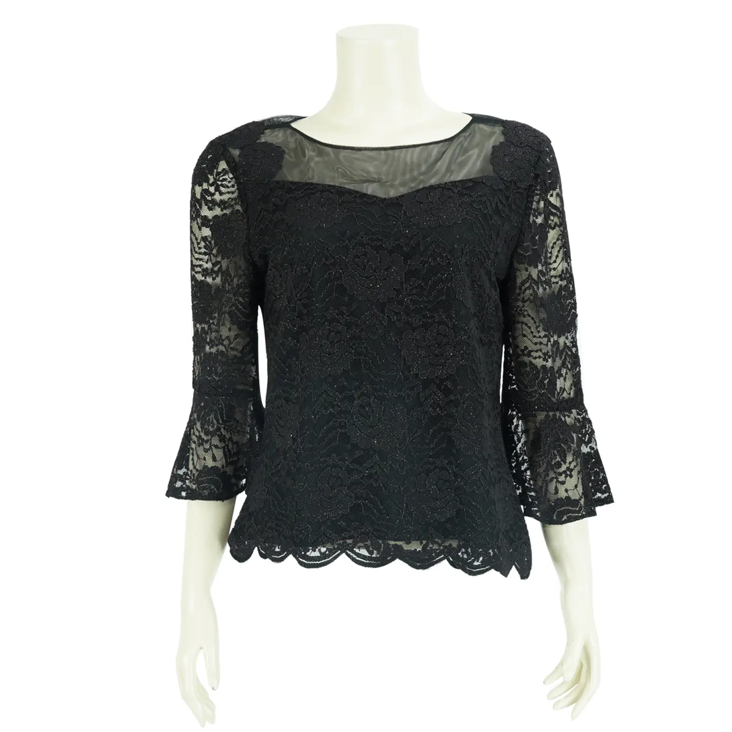 เสื้อสตรีคอกลม แขนกระบอก ตัดต่อปลายแขนระบายยาว 4 ส่วน ผ้าลูกไม้แฟนซีลายดอกไม้ - Image 6