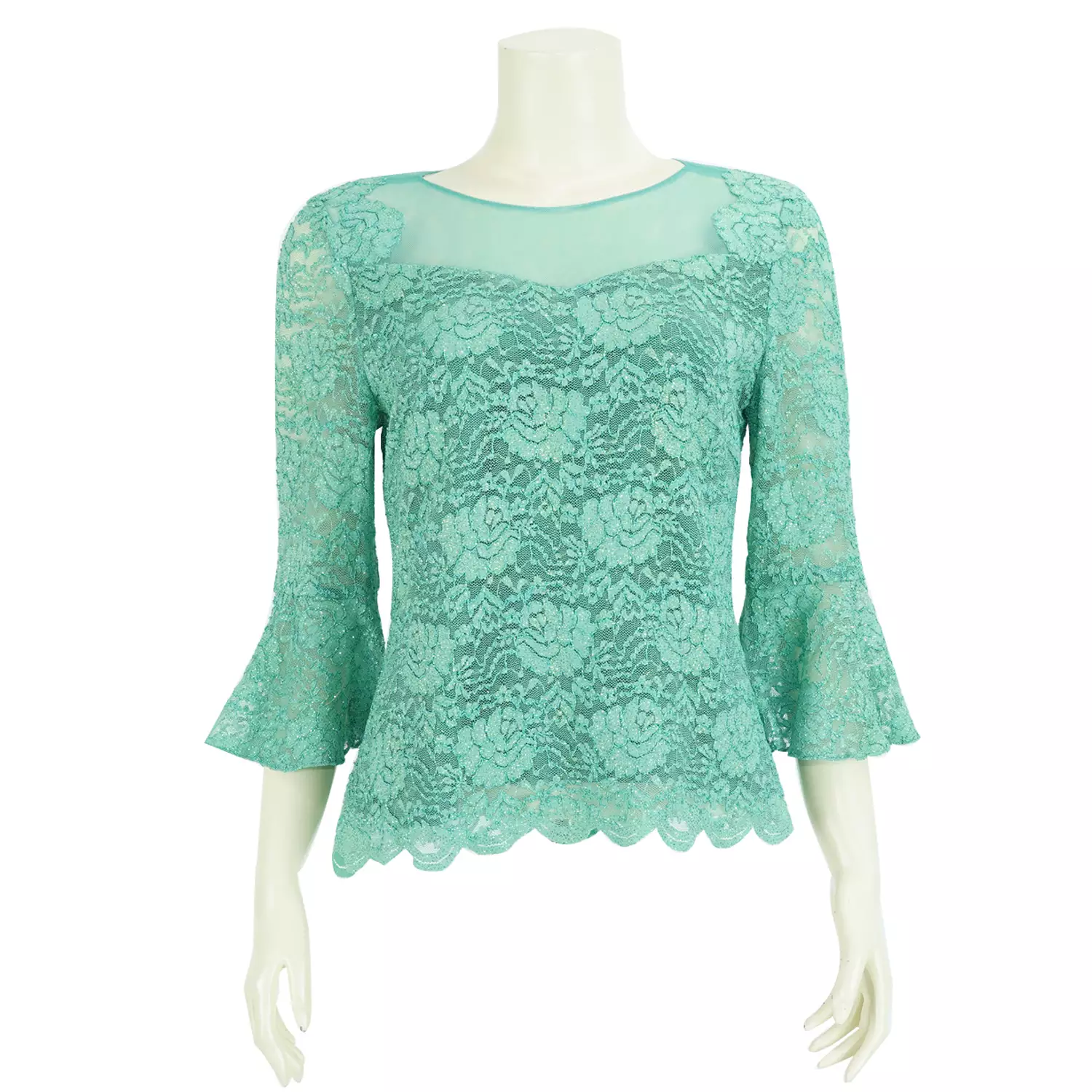 เสื้อสตรีคอกลม แขนกระบอก ตัดต่อปลายแขนระบายยาว 4 ส่วน ผ้าลูกไม้แฟนซีลายดอกไม้ - Image 3
