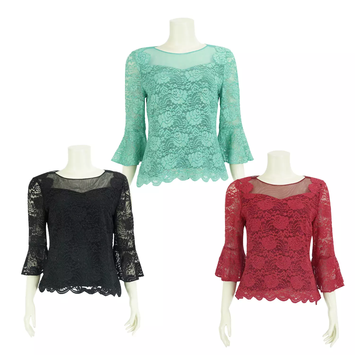เสื้อสตรีคอกลม แขนกระบอก ตัดต่อปลายแขนระบายยาว 4 ส่วน ผ้าลูกไม้แฟนซีลายดอกไม้