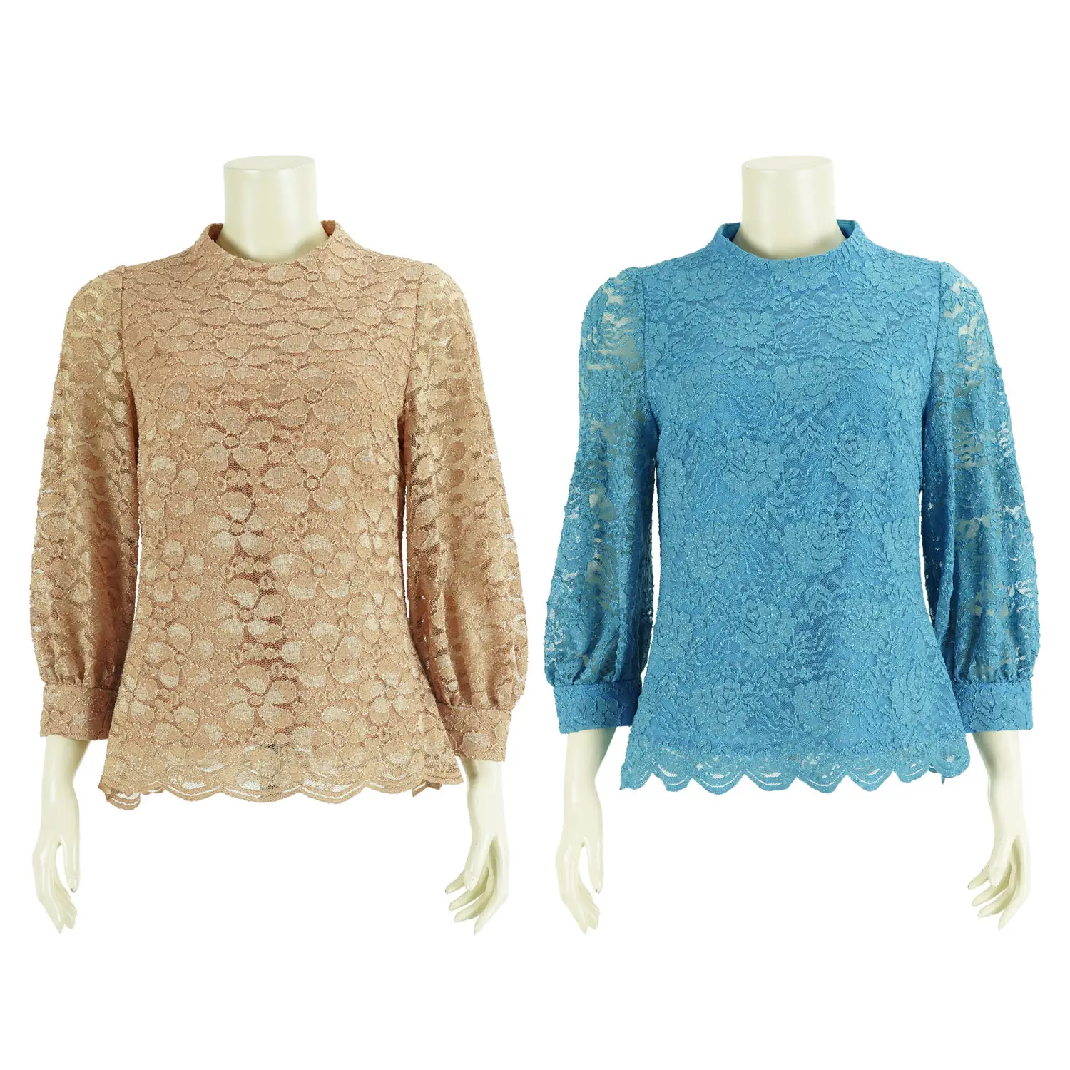 เสื้อสตรีคอปีน แขนบอลลูน ยาว 5 ส่วน รูดเข้าขอบแขน ผ้าลูกไม้แฟนซีลายดอกไม้