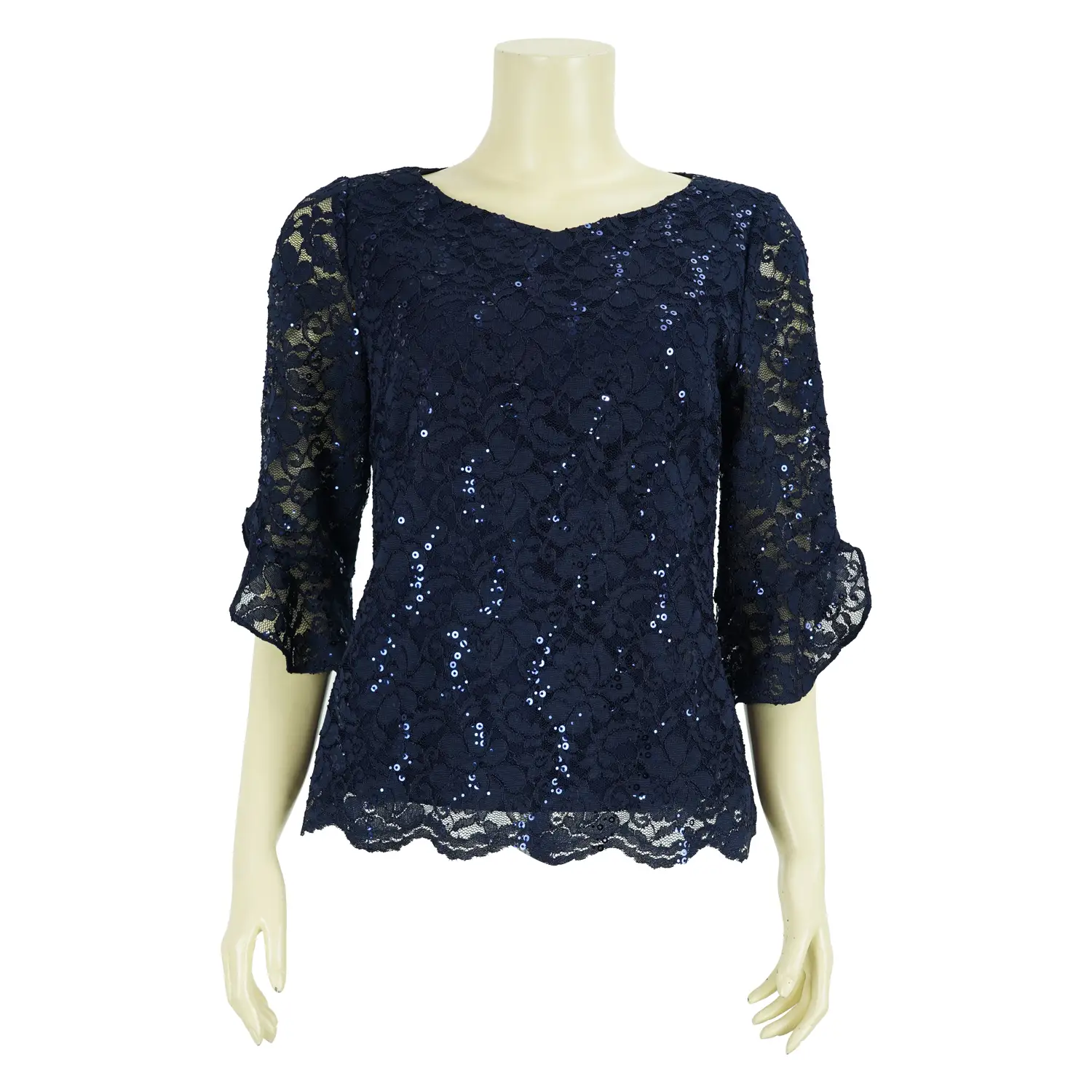 เสื้อสตรีคอวี แขนกระบอก ยาว 3 ส่วน ตัดต่อปลายแขน ระบาย ผ้าลูกไม้แฟนซี ลายดอกไม้