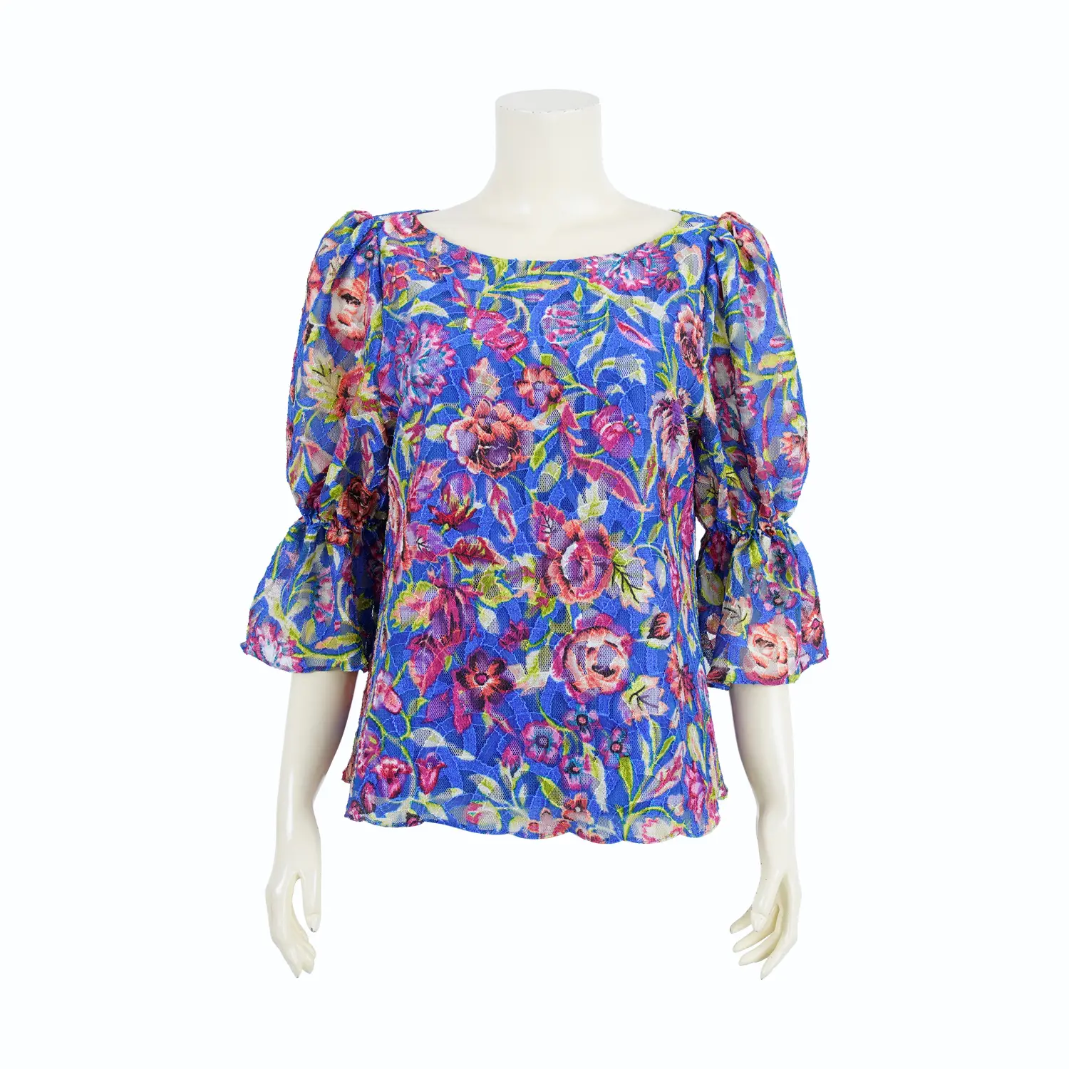 เสื้อคอปาด แขนตุ๊กตา รูดระบายปลายแขน ผ้าลูกไม้ราเชล ลายดอกไม้