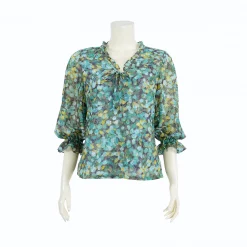 เสื้อคอตั้ง ดีไซน์โบว์ผูก แขนกระบอก รูดระบายปลายแขน ผ้าลูกไม้ราเชล