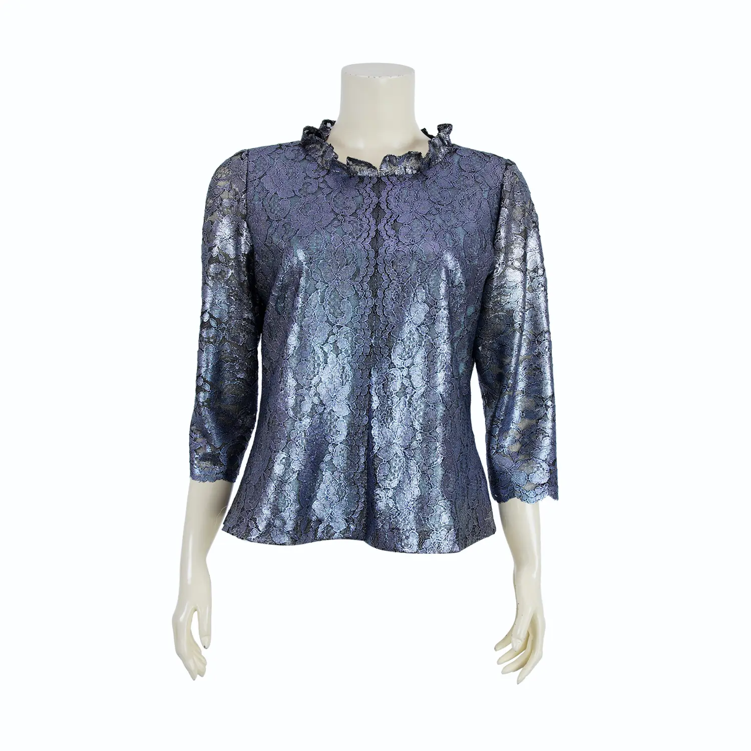 เสื้อคอกลม เสริมขอบคอตั้งระบาย แขนกระบอก ผ้าลูกไม้แฟนซี