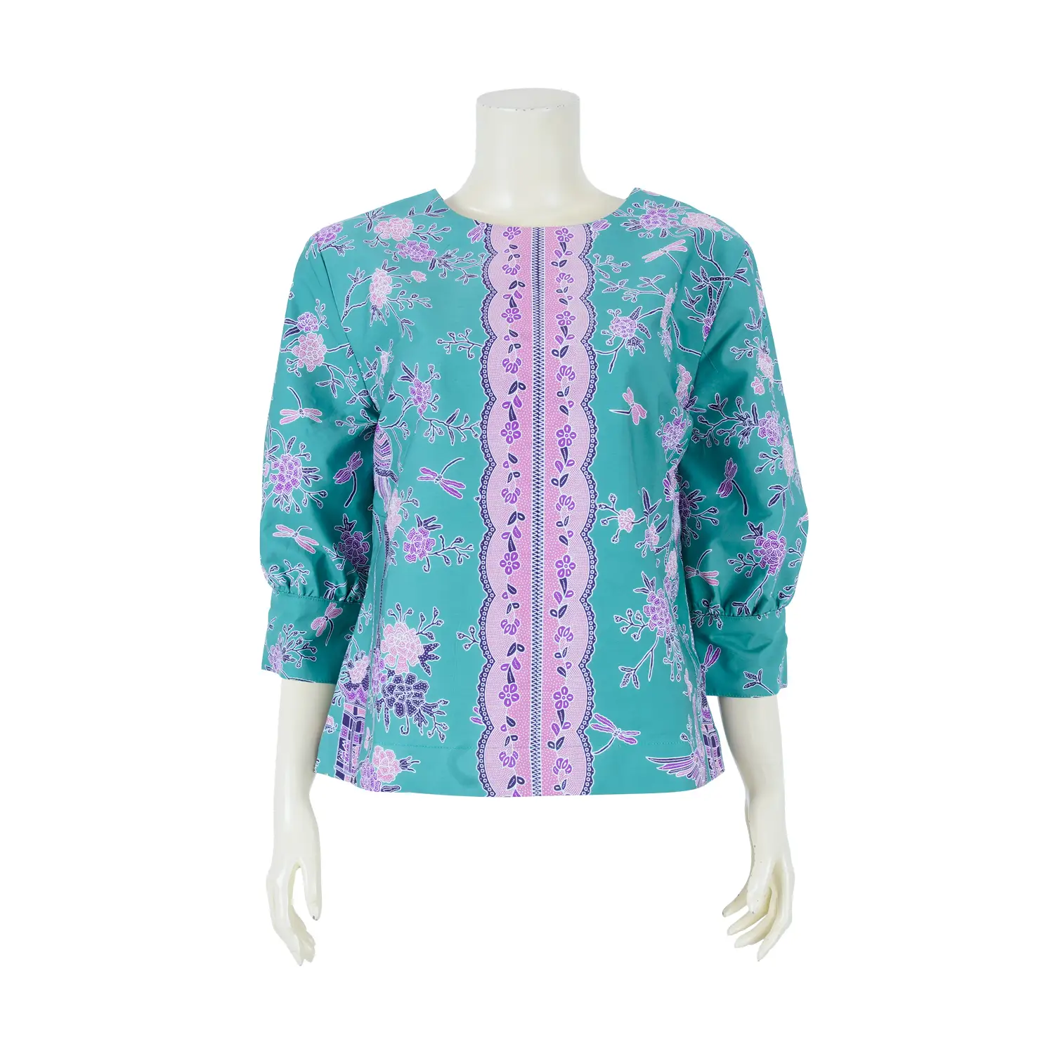 เสื้อคอกลม ผ้าปาเต๊ะ แขนยาว 4 ส่วน ลายดอกไม้และนก - Image 3