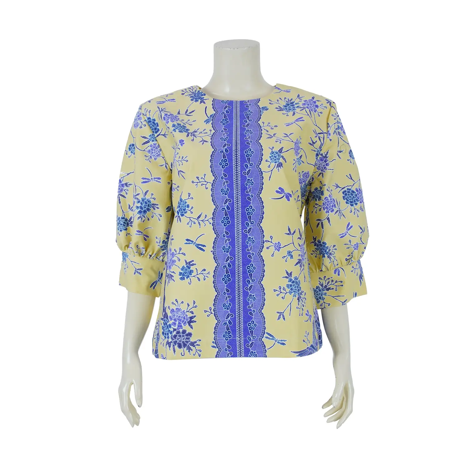 เสื้อคอกลม ผ้าปาเต๊ะ แขนยาว 4 ส่วน ลายดอกไม้และนก - Image 2