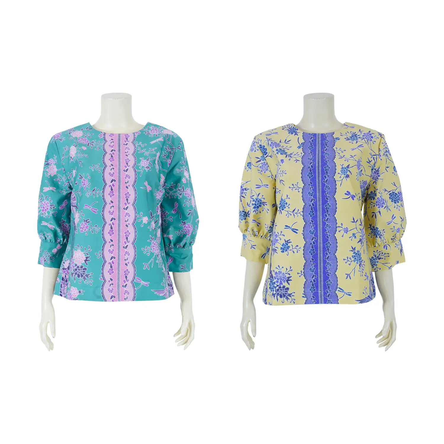 เสื้อคอกลม ผ้าปาเต๊ะ แขนยาว 4 ส่วน ลายดอกไม้และนก