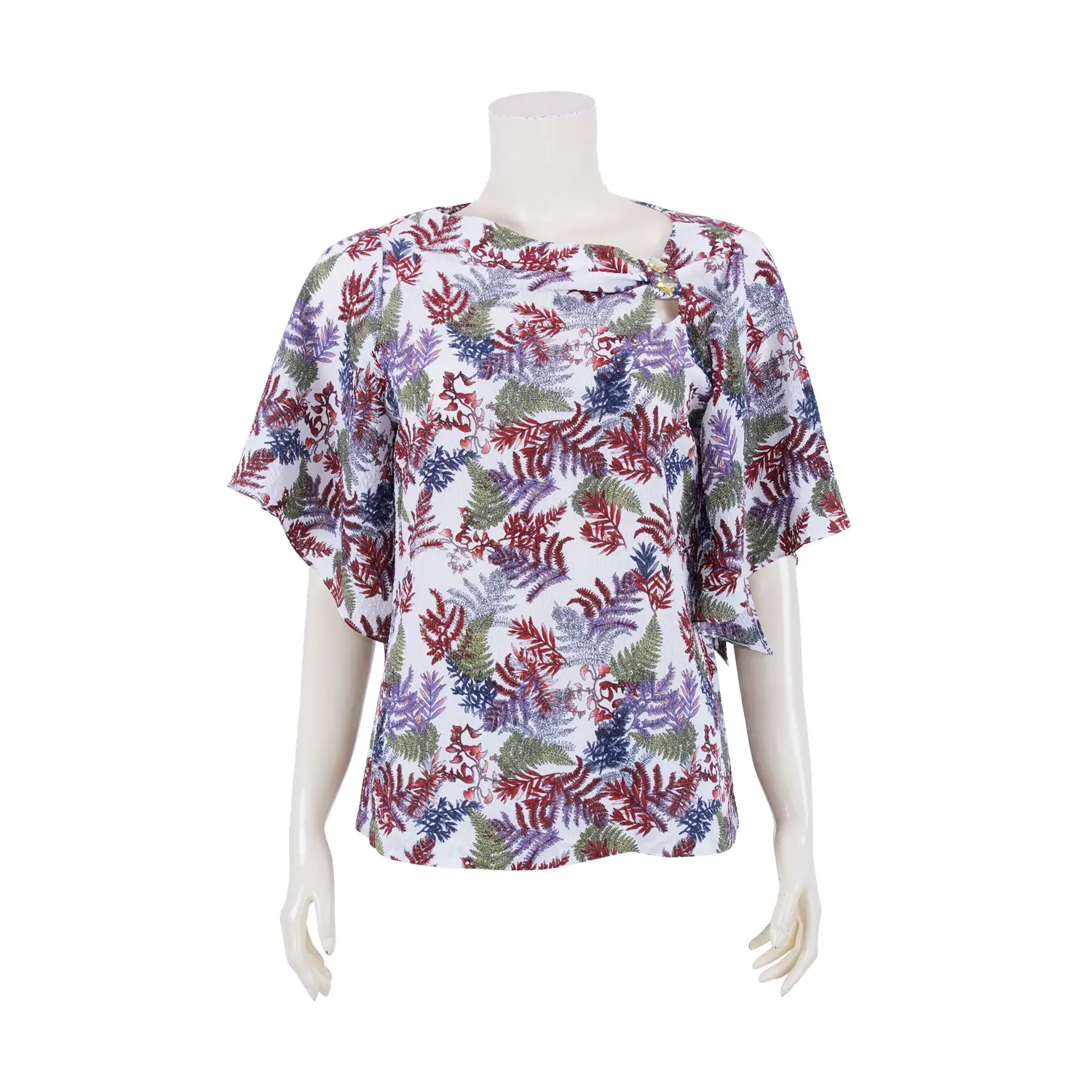 เสื้อคอปาด แขนสั้นทรงแขนบาน ผ้าชีฟองบัลแกรี่ลายใบไม้