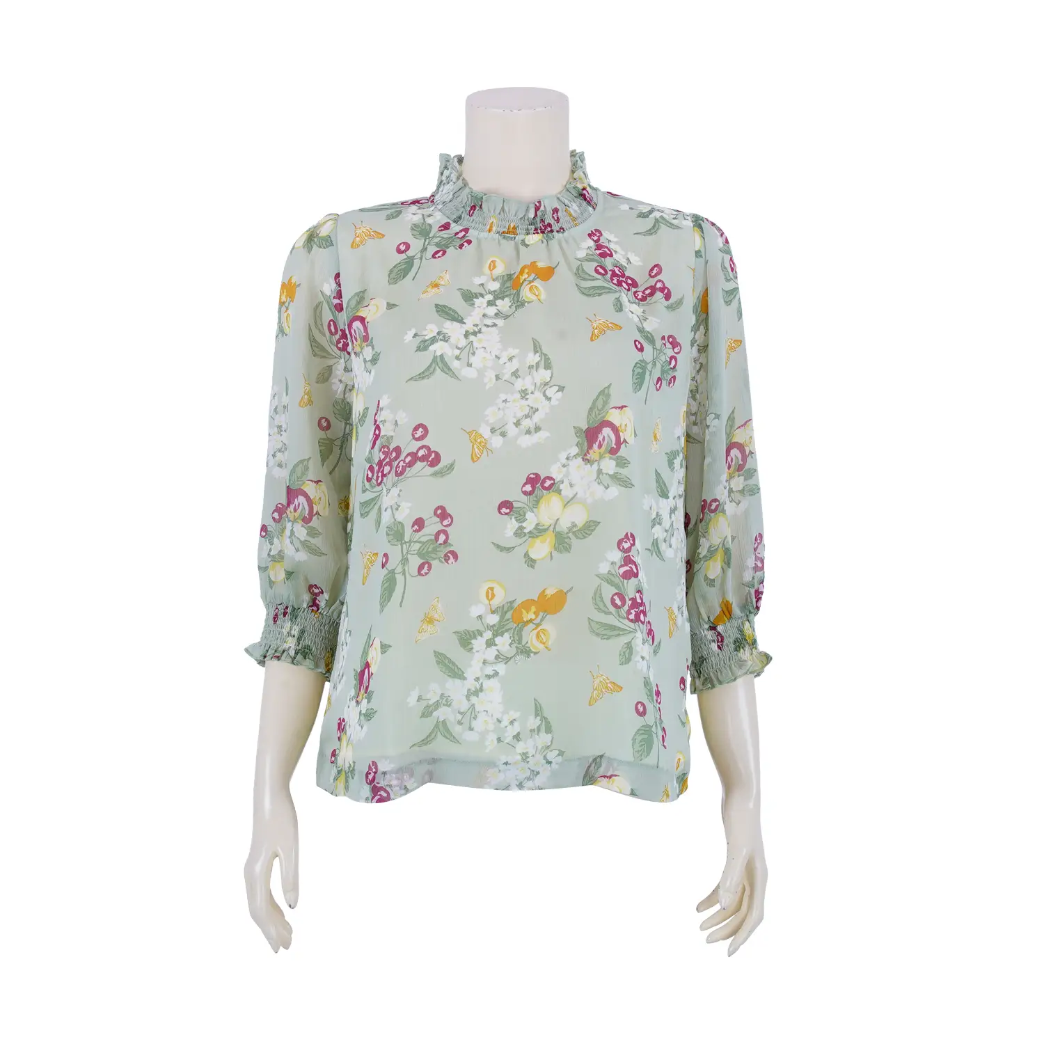 เสื้อคอตั้งระบาย แขนกระบอก เสริมยางยืดปลายแขน ผ้าชีฟองลายดอกไม้