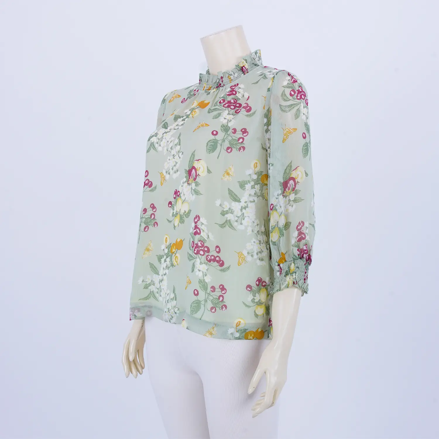 เสื้อคอตั้งระบาย แขนกระบอก เสริมยางยืดปลายแขน ผ้าชีฟองลายดอกไม้ - Image 2