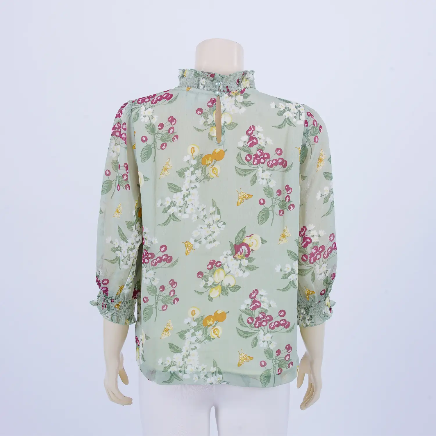 เสื้อคอตั้งระบาย แขนกระบอก เสริมยางยืดปลายแขน ผ้าชีฟองลายดอกไม้ - Image 3