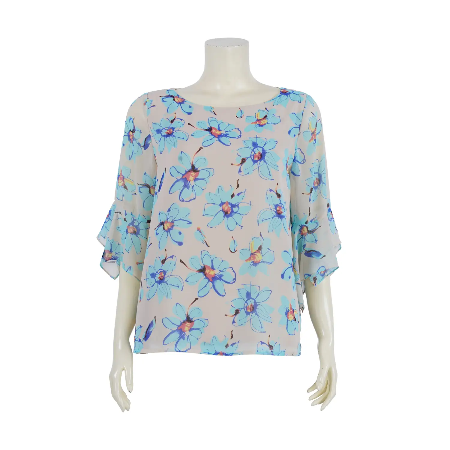 เสื้อคอปาด แขนกระบอก ปลายแขนระบาย ผ้าชีฟองลายดอกไม้