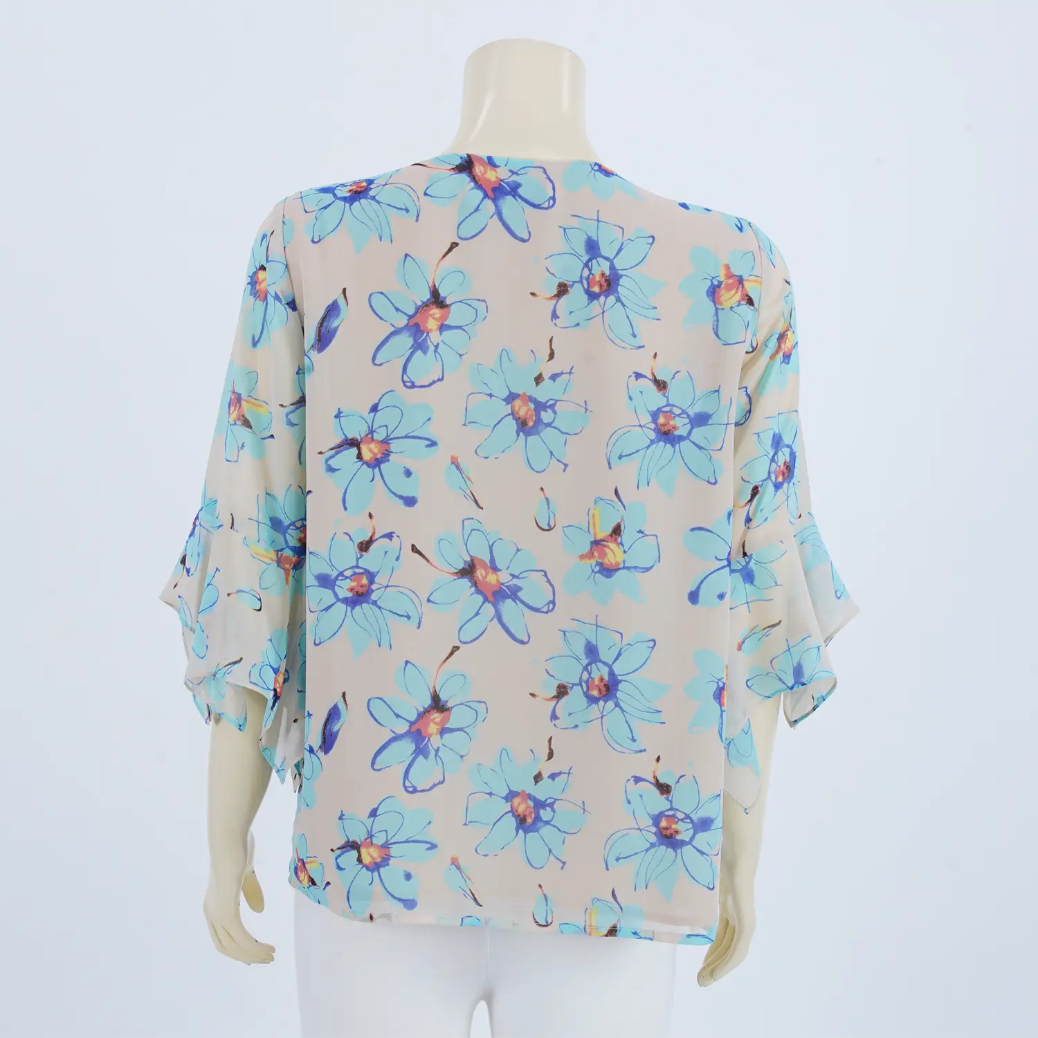เสื้อคอปาด แขนกระบอก ปลายแขนระบาย ผ้าชีฟองลายดอกไม้ - Image 3