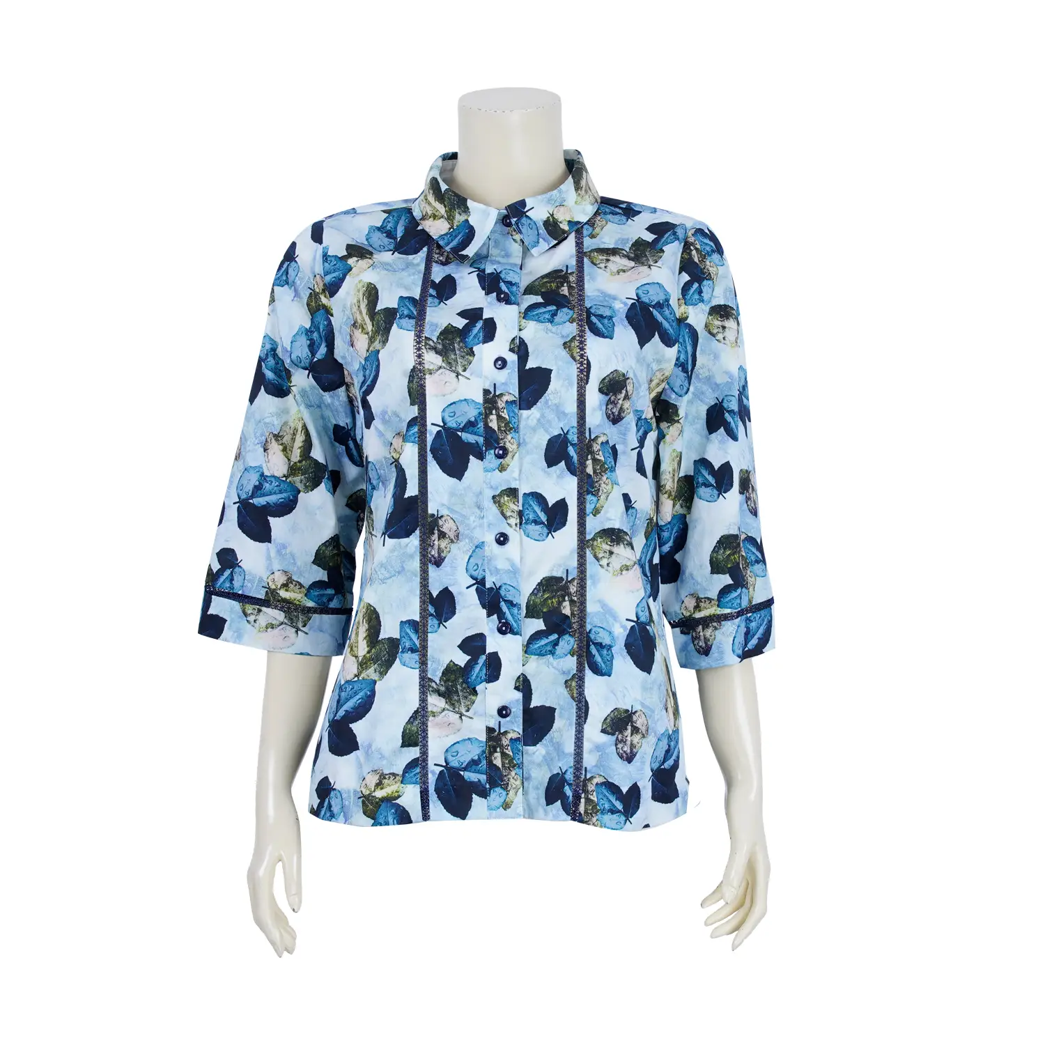 เสื้อเชิ้ต แขนยาว 4 ส่วน ตัดแต่งเทปลูกไม้ ผ้าคอตตอนลายใบไม้