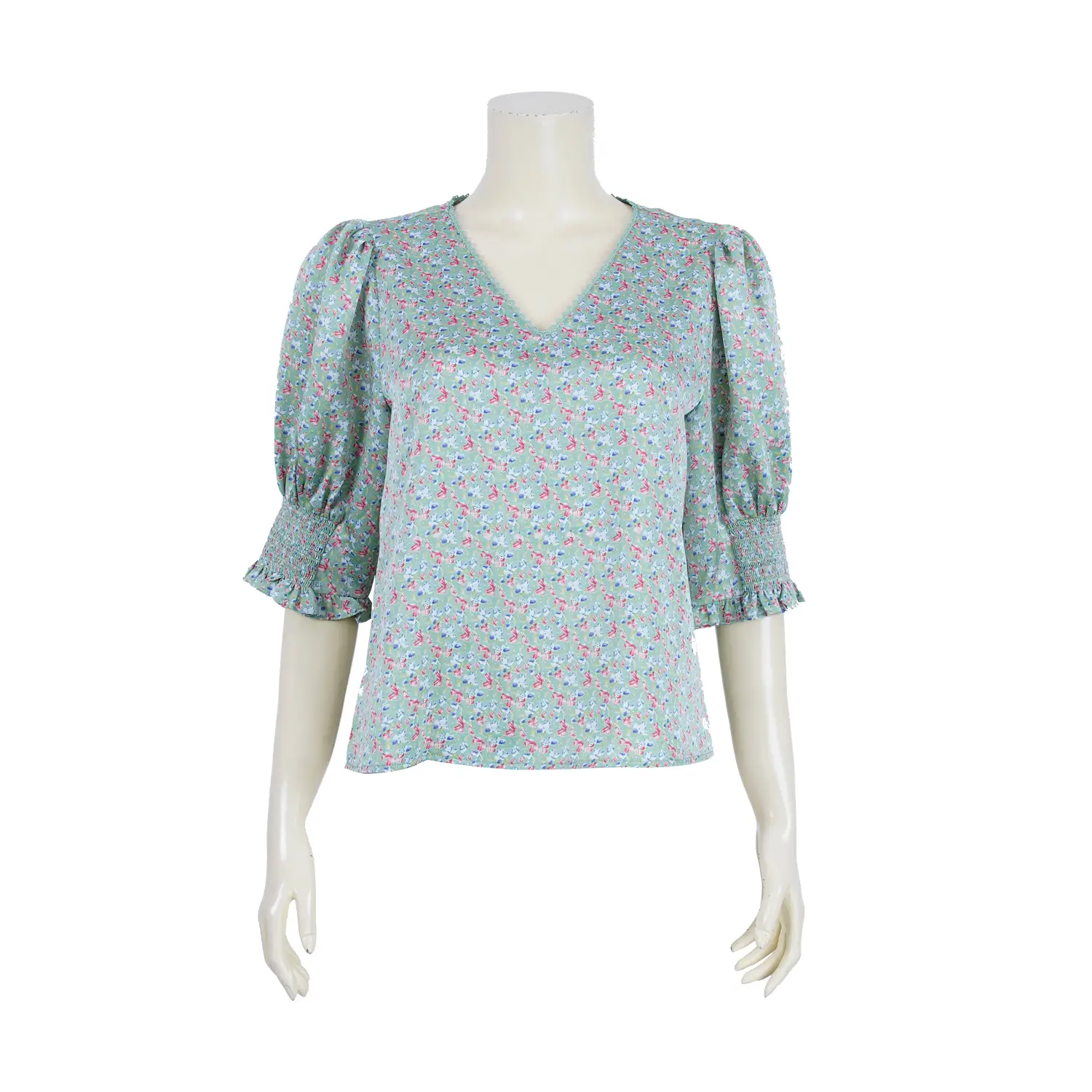 เสื้อคอวี แขนตุ๊กตา ยาว 3 ส่วน ผ้าลายทุ่งดอกไม้