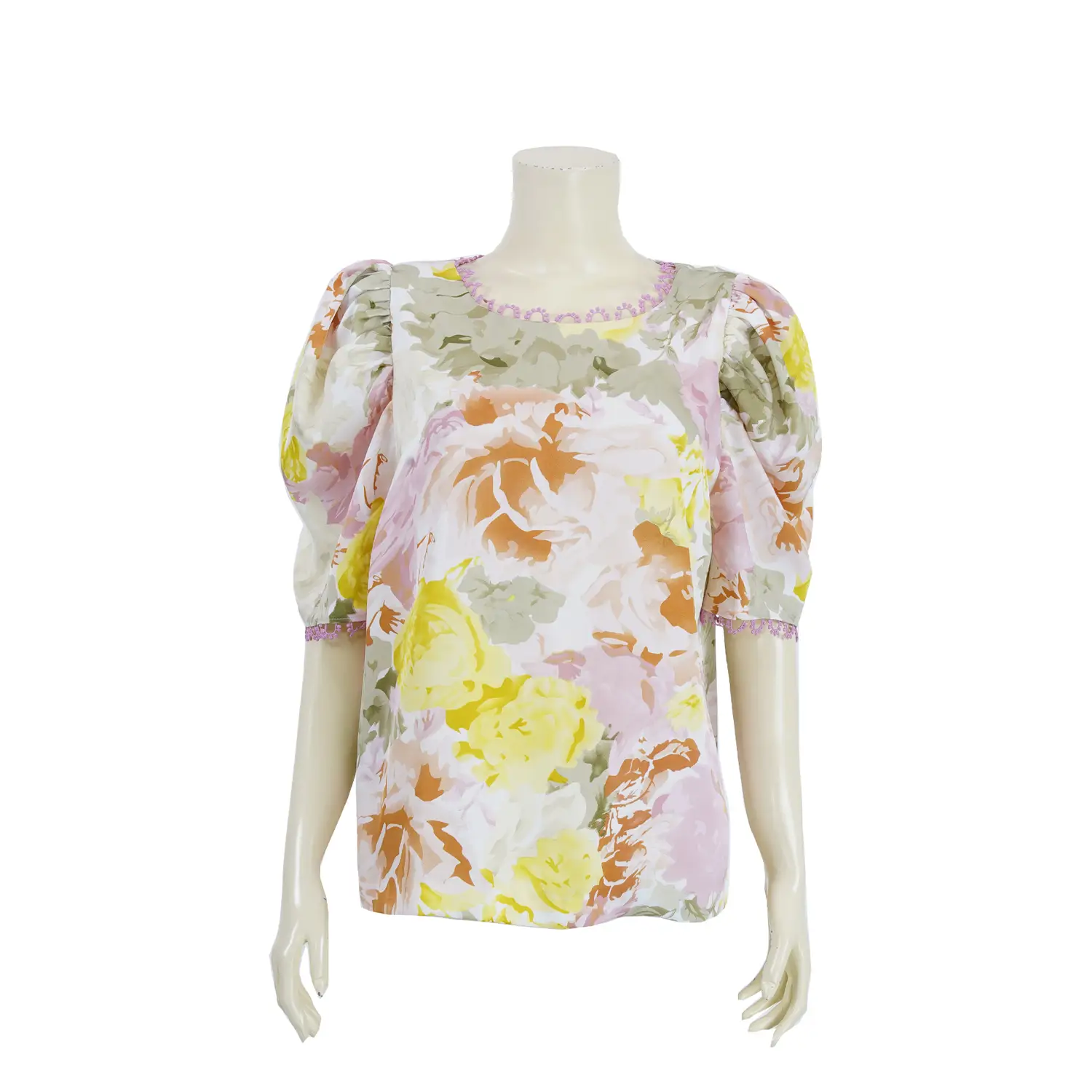 เสื้อคอกลม แขนตุ๊กตาแบบไล่ระดับ ผ้าซาตินลายดอกไม้ หลากสี
