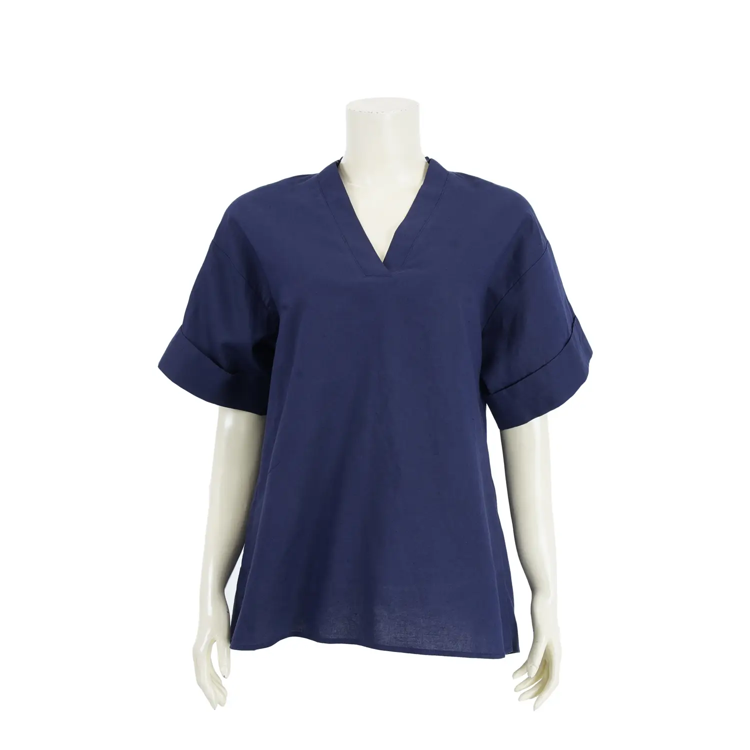เซตเสื้อคอวี แขนสั้นทรงกระบอก ดีไซน์พับปลายแขน ผ้าลินินสีพื้น 2 ตัว - Image 2
