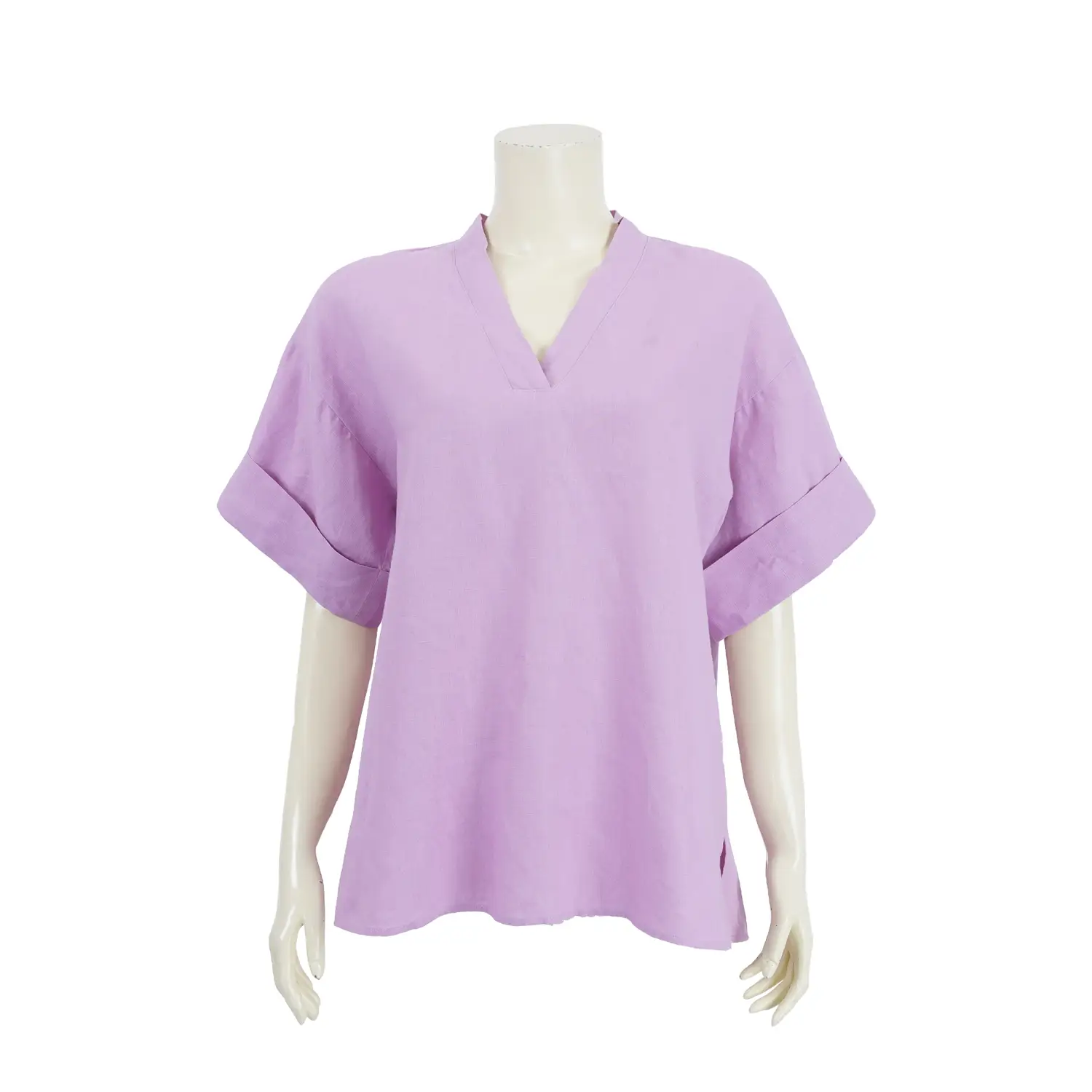 เซตเสื้อคอวี แขนสั้นทรงกระบอก ดีไซน์พับปลายแขน ผ้าลินินสีพื้น 2 ตัว - Image 3