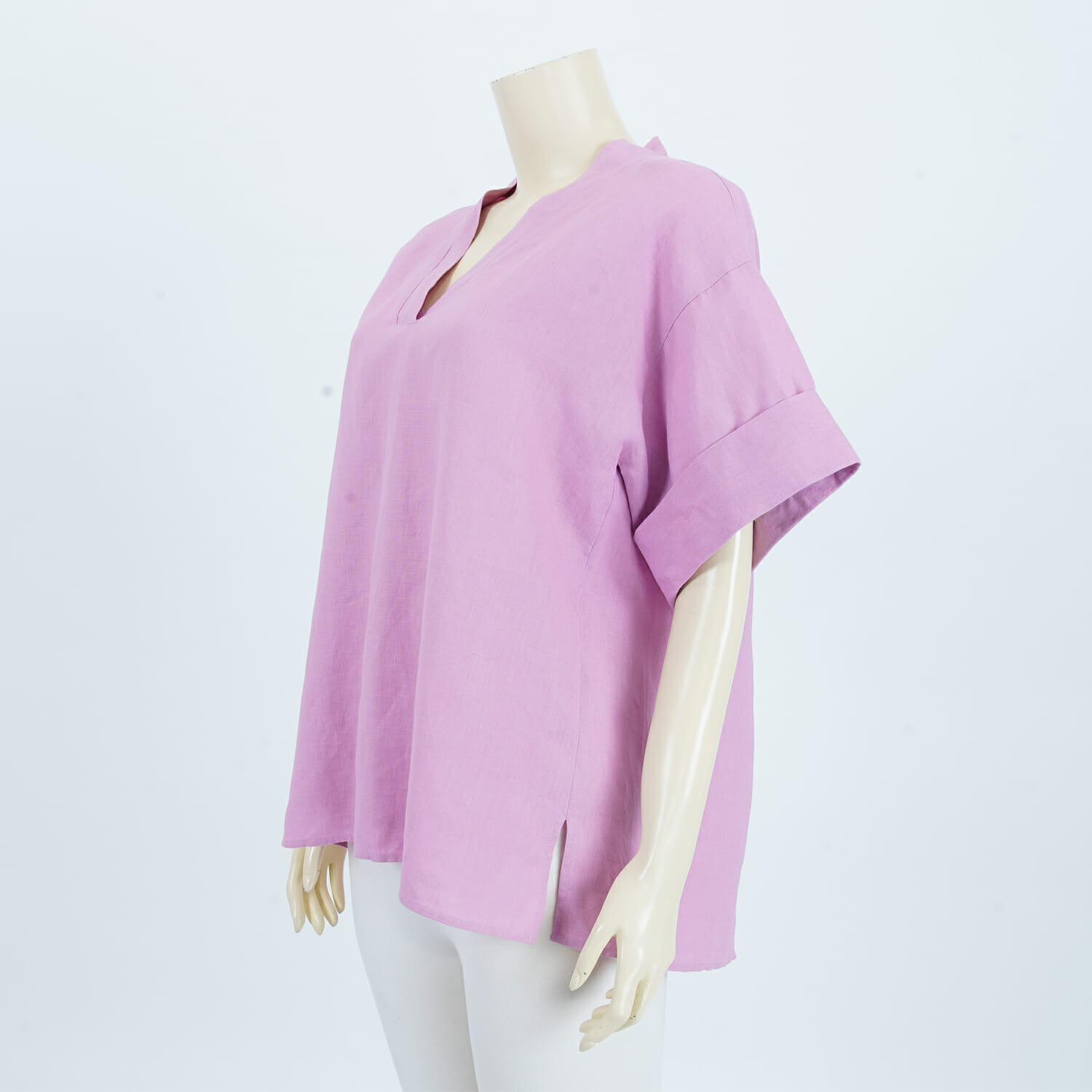 เซตเสื้อคอวี แขนสั้นทรงกระบอก ดีไซน์พับปลายแขน ผ้าลินินสีพื้น 2 ตัว - Image 4