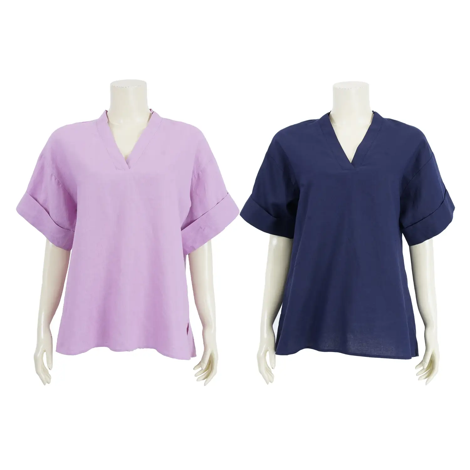 เซตเสื้อคอวี แขนสั้นทรงกระบอก ดีไซน์พับปลายแขน ผ้าลินินสีพื้น 2 ตัว