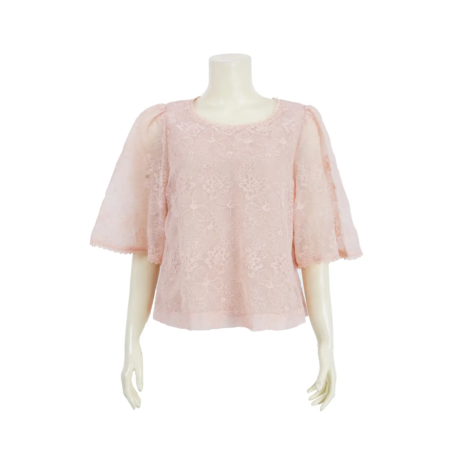 เสื้อคอกลม แขนกระดิ่ง ผ้าชีฟองปักลายดอกไม้