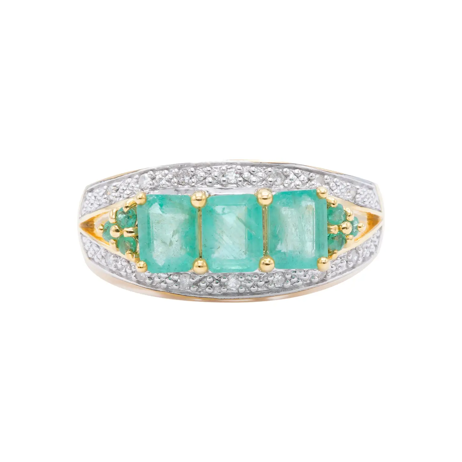 แหวนเงิน925 ชุบทอง18K ประดับมรกตและเพชรสีขาว ดีไซน์ Emerald Love