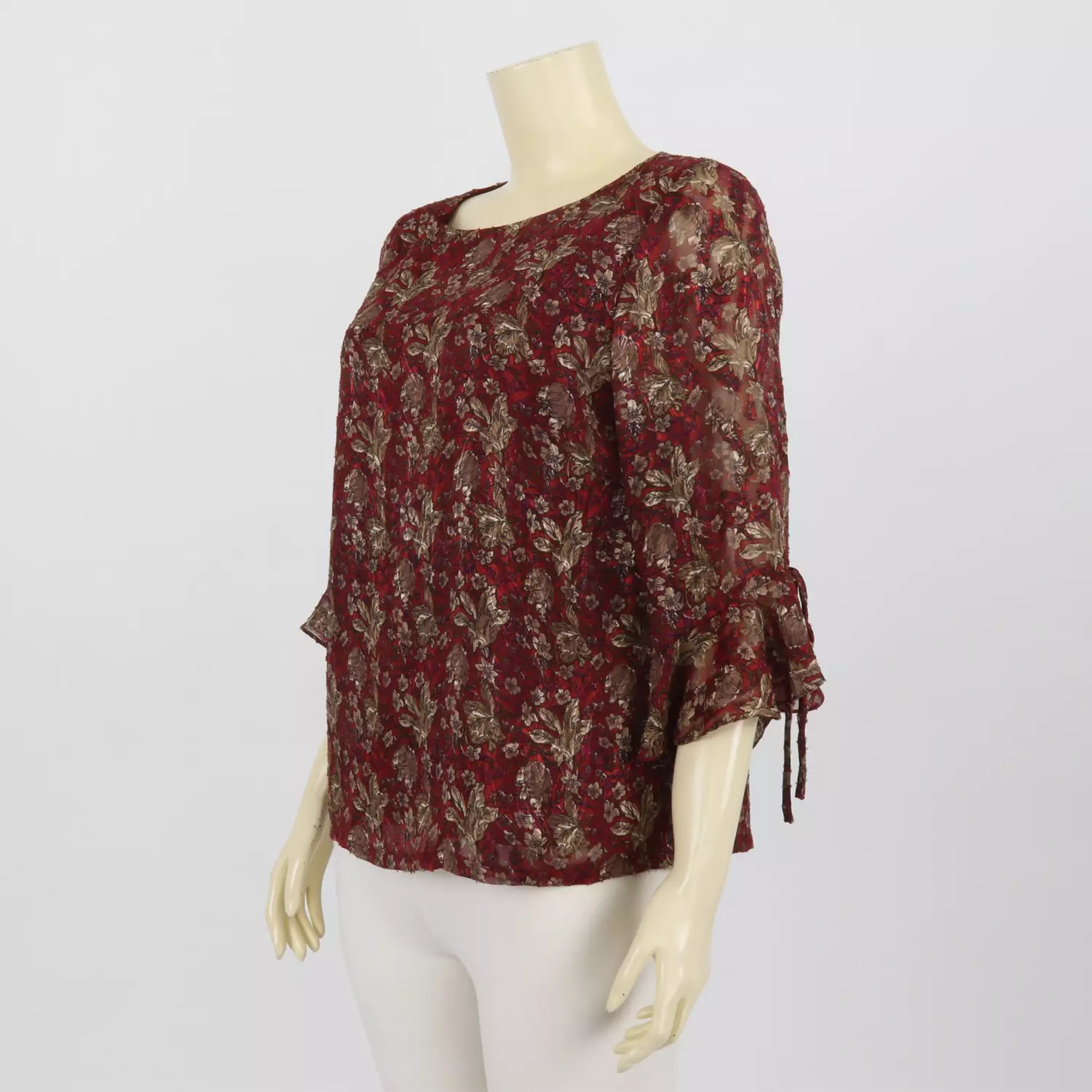 เสื้อคอปาด แขนกระบอก ปลายแขนระบาย ผ้าลายดอกไม้ - Image 3