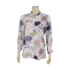 เสื้อเชิ้ตคอกลม เสริมระบาย แขนกระบอก ผ้าชีฟองลายดอกไม้