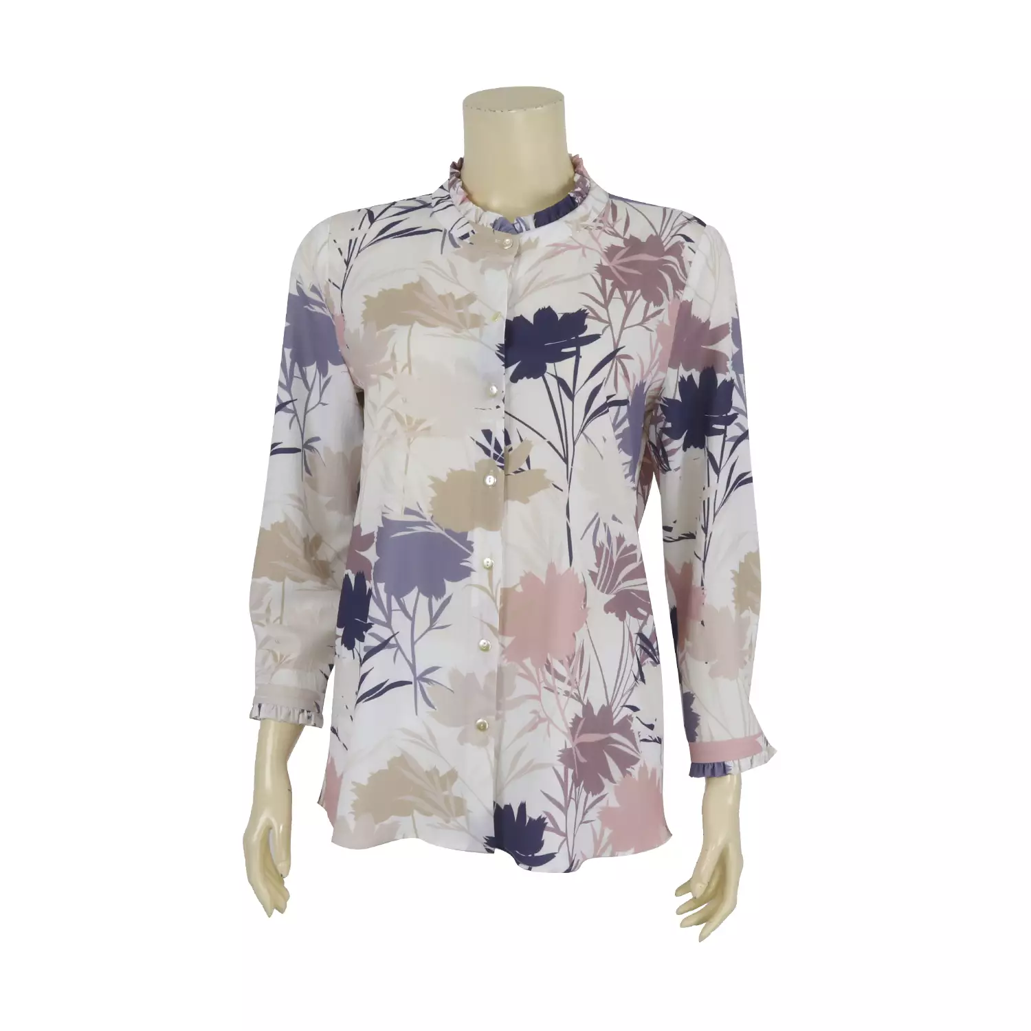 เสื้อเชิ้ตคอกลม เสริมระบาย แขนกระบอก ผ้าชีฟองลายดอกไม้