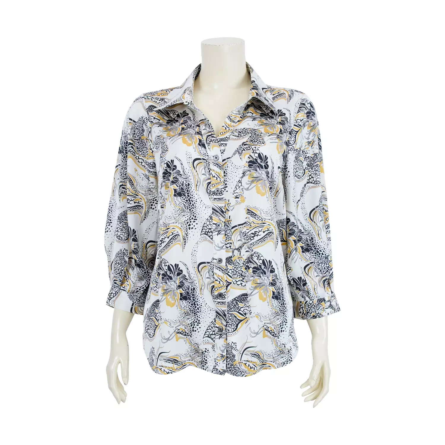 เสื้อเชิ้ตคอปก แขนพองยาว ผ้าซอฟท์ ซาติน ลายดอกไม้