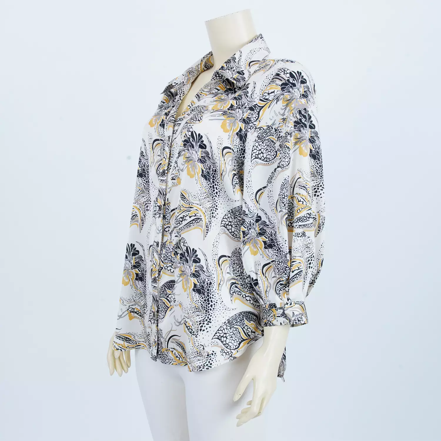 เสื้อเชิ้ตคอปก แขนพองยาว ผ้าซอฟท์ ซาติน ลายดอกไม้ - Image 3
