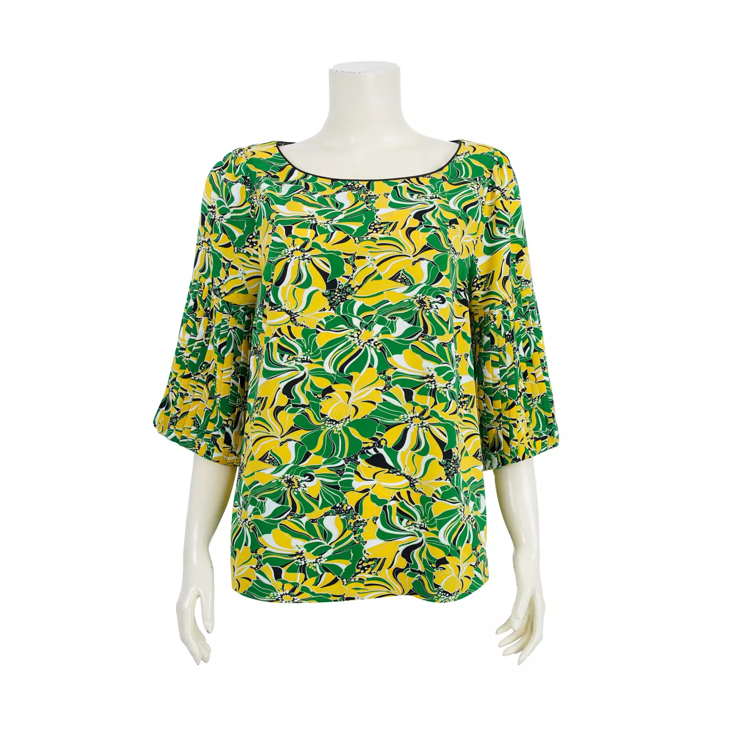 เสื้อคอปาด แขนยาว 4 ส่วน จับจีบปลายแขน ลายดอกไม้กราฟิก