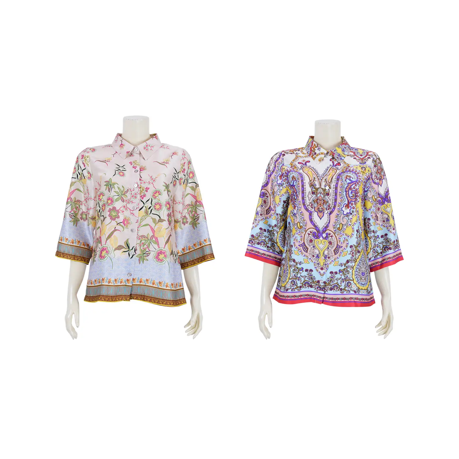 เสื้อเชิ้ตคอปก แขนกระบอกยาว 4 ส่วน ผ้าซาตินพิมพ์ลาย
