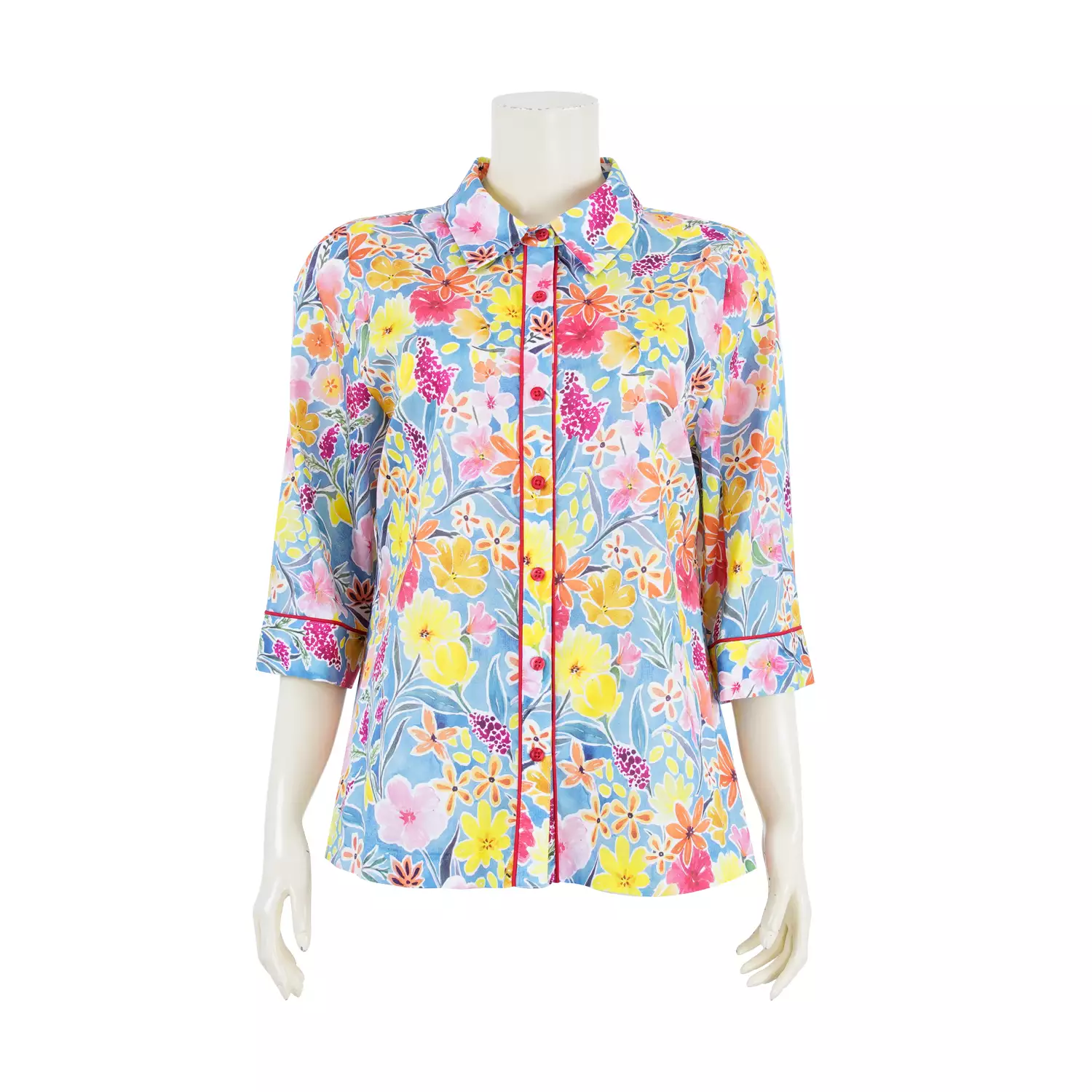 เสื้อเชิ้ตคอปก แขนกระบอกยาว 4 ส่วน ผ้าคอตตอน ลายดอกไม้นานาพันธุ์